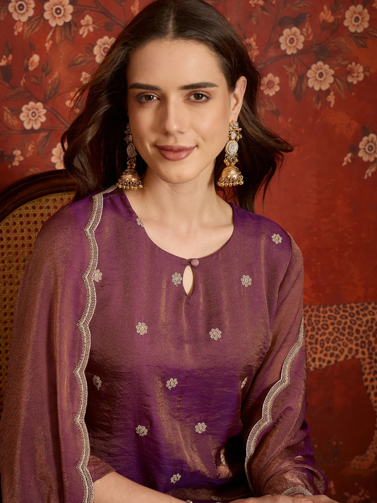Pure Silk Purple Party Wear Embroidery Work Kurti Set