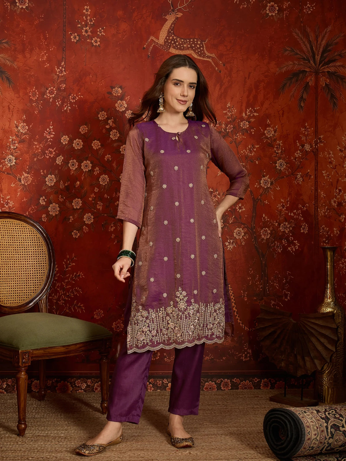 Pure Silk Purple Party Wear Embroidery Work Kurti Set