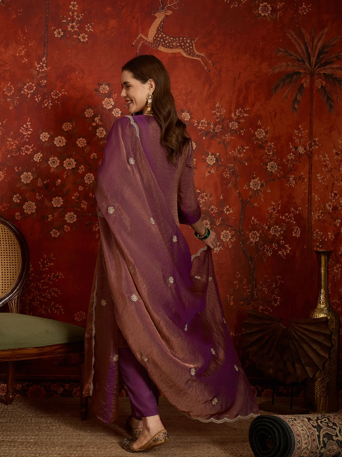 Pure Silk Purple Party Wear Embroidery Work Kurti Set