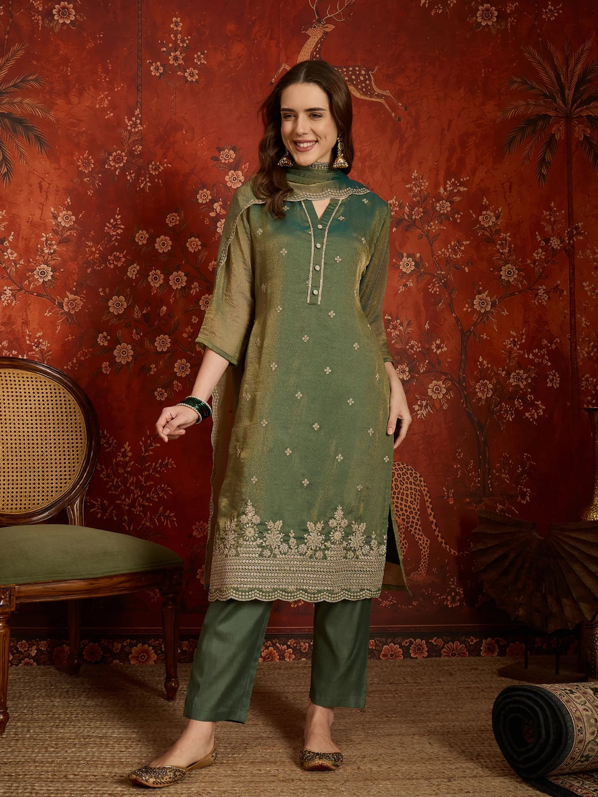 Pure Silk Green Party Wear Embroidery Work Kurti Set