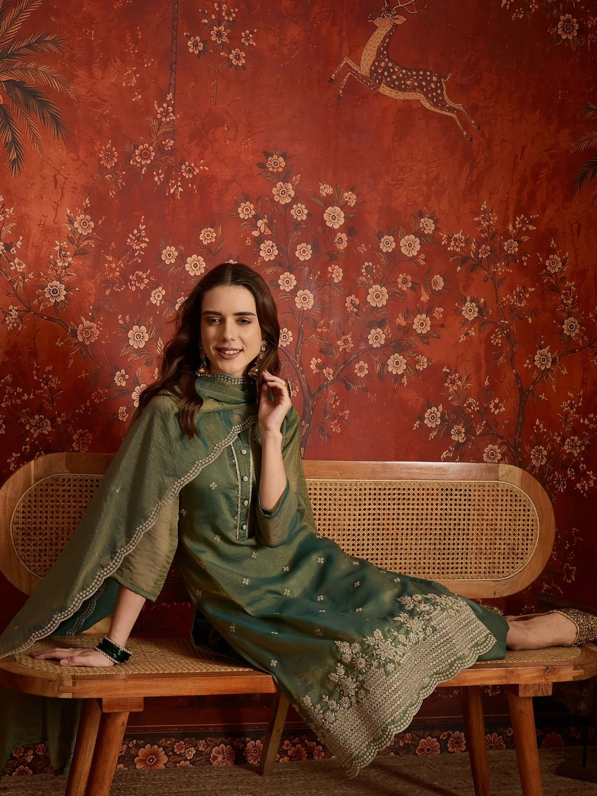 Pure Silk Green Party Wear Embroidery Work Kurti Set