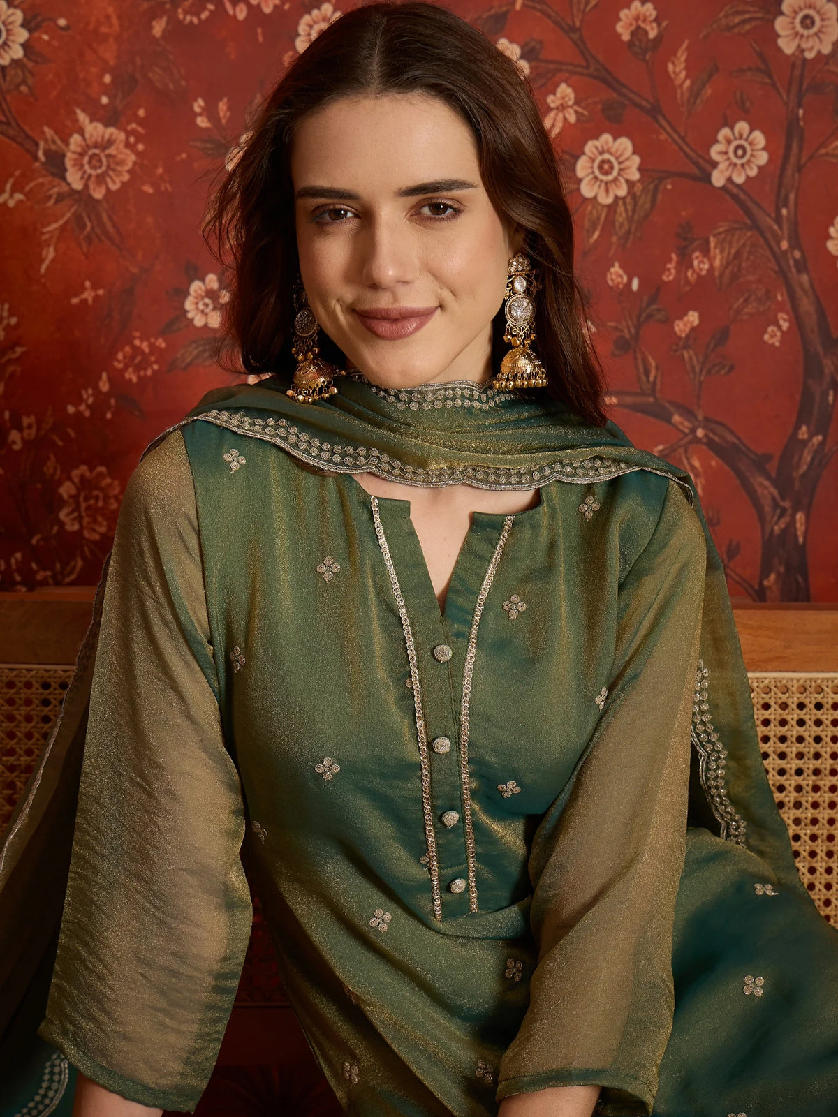 Pure Silk Green Party Wear Embroidery Work Kurti Set