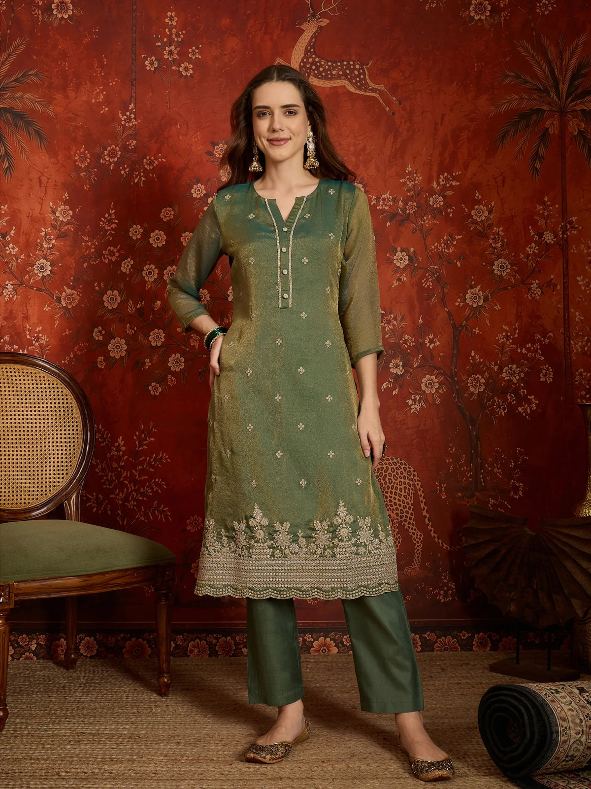 Pure Silk Green Party Wear Embroidery Work Kurti Set