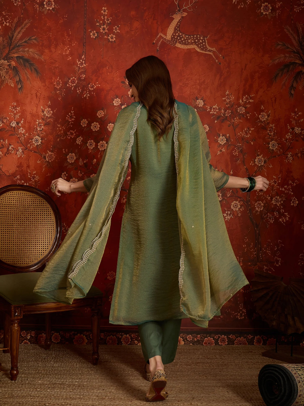 Pure Silk Green Party Wear Embroidery Work Kurti Set