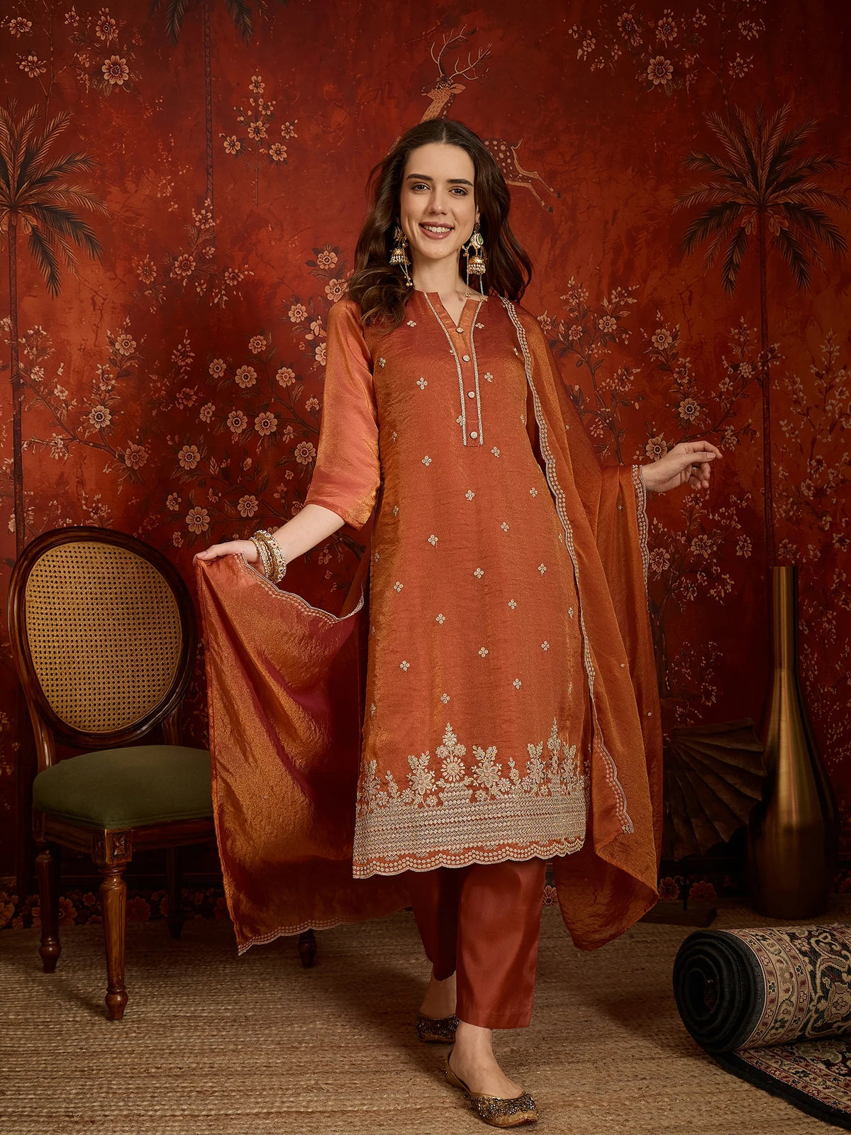 Pure Silk Orange Party Wear Embroidery Work Kurti Set
