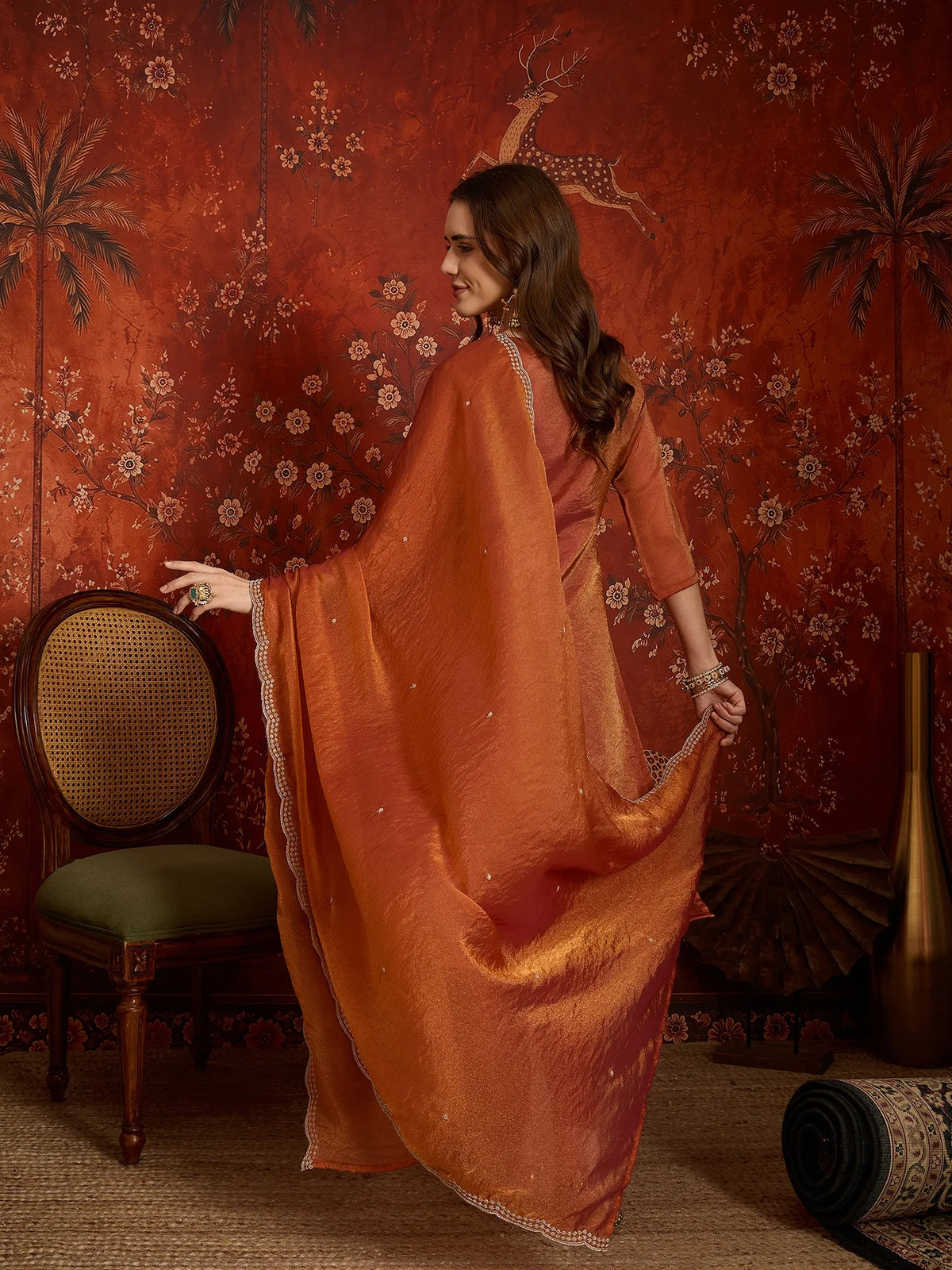 Pure Silk Orange Party Wear Embroidery Work Kurti Set