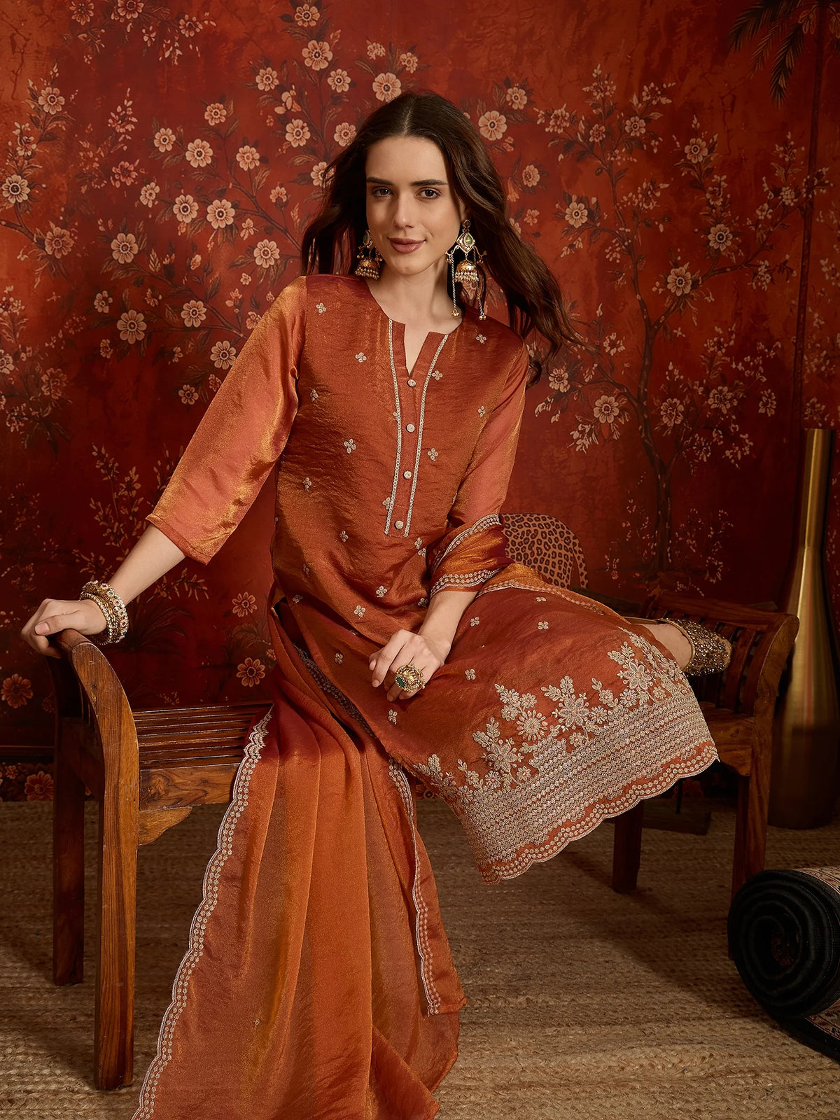 Pure Silk Orange Party Wear Embroidery Work Kurti Set