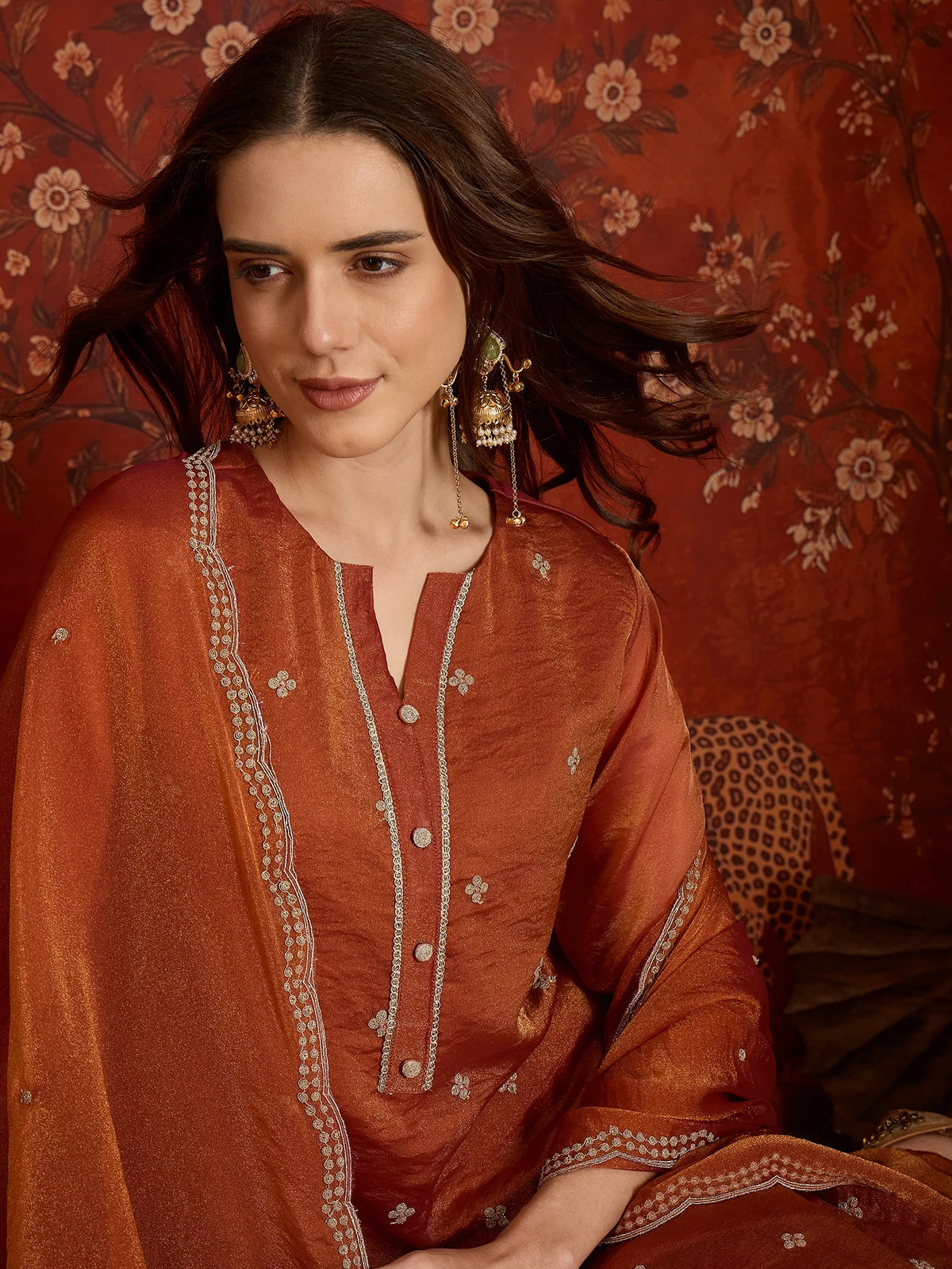 Pure Silk Orange Party Wear Embroidery Work Kurti Set