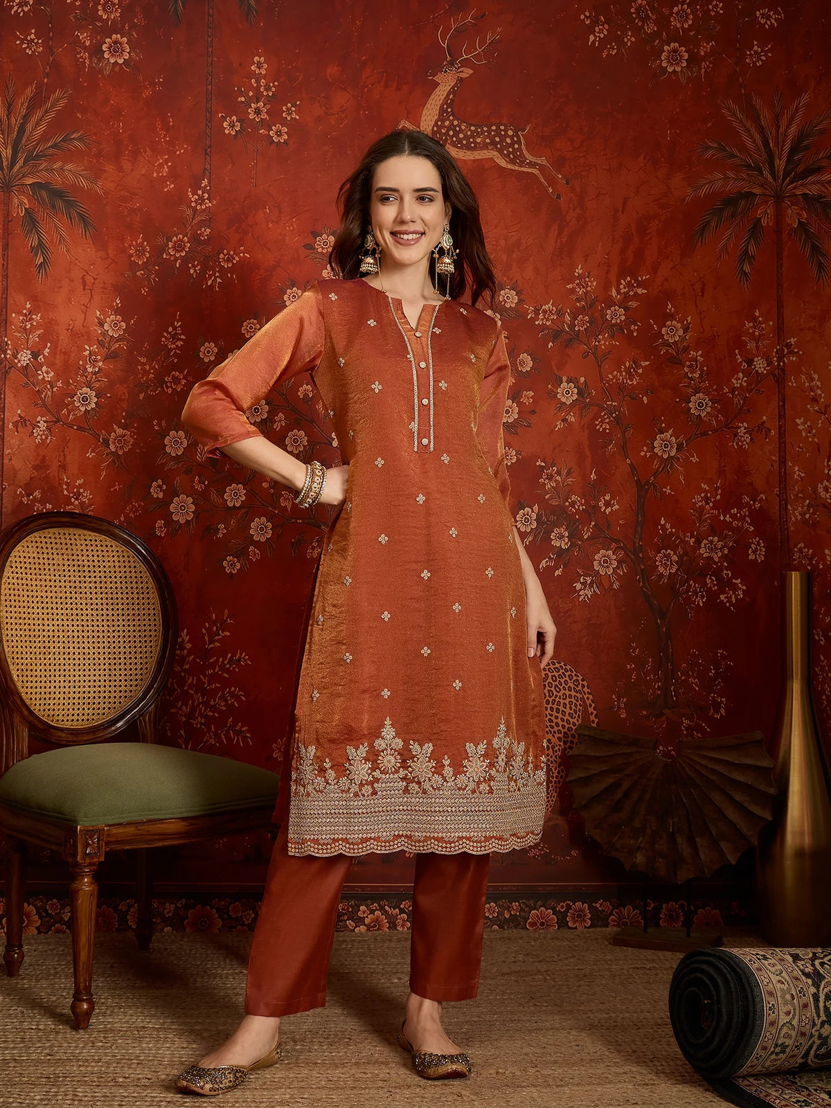 Pure Silk Orange Party Wear Embroidery Work Kurti Set