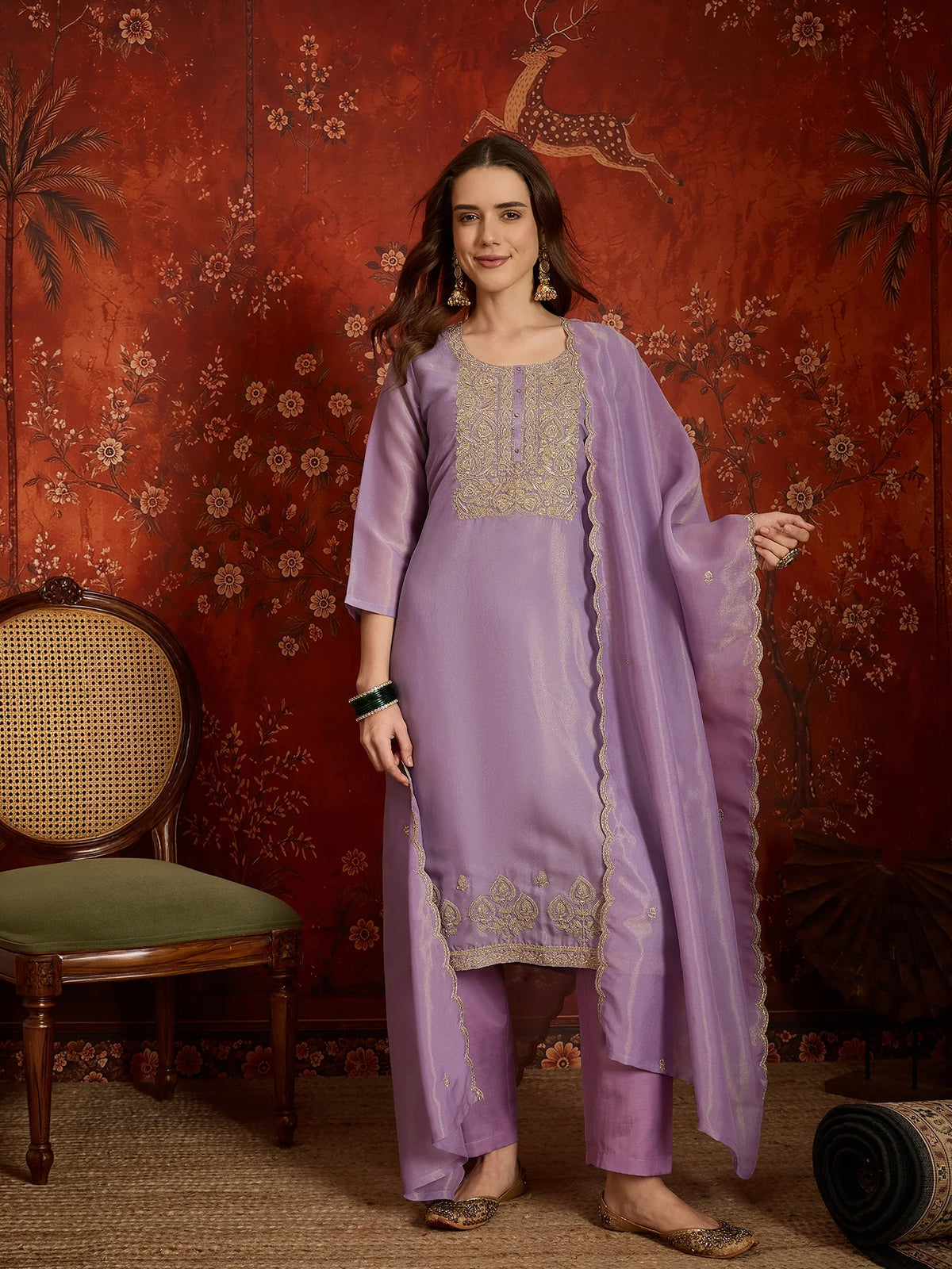 Pure Silk Purple Festive Wear Embroidery Work Kurti Set