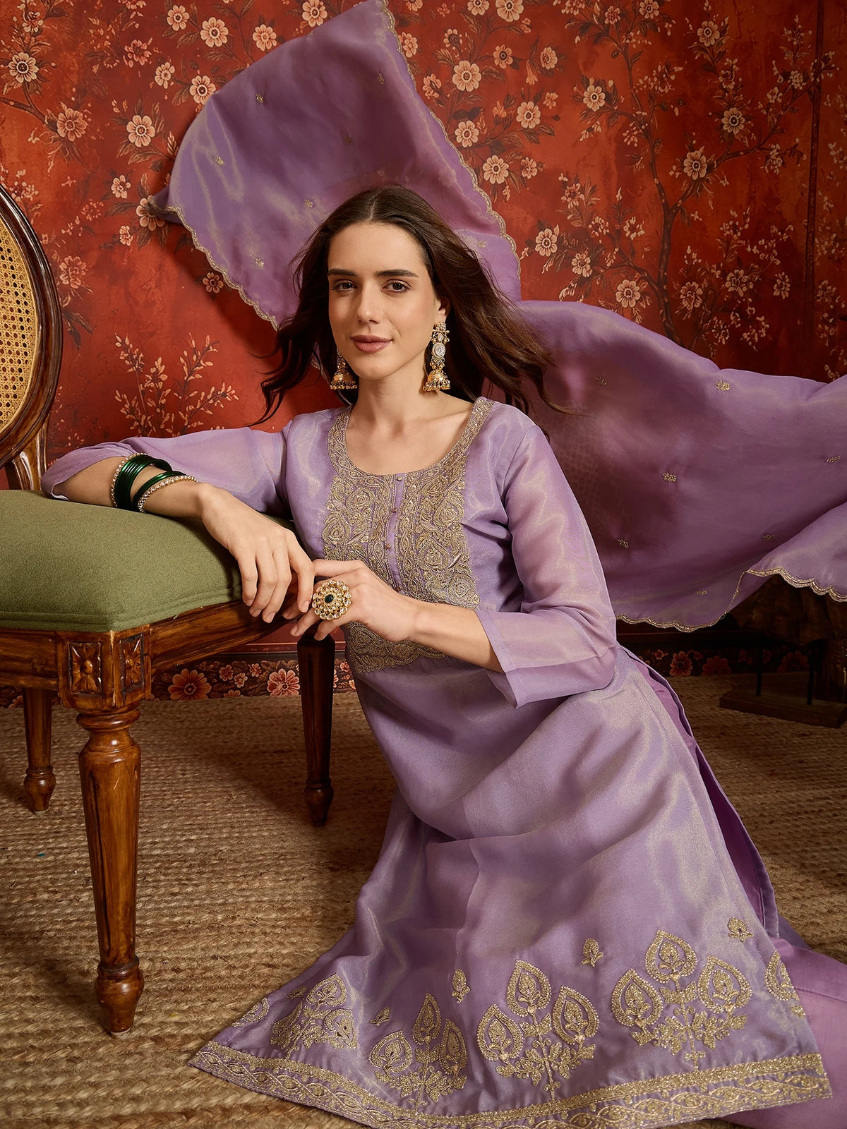 Pure Silk Purple Festive Wear Embroidery Work Kurti Set