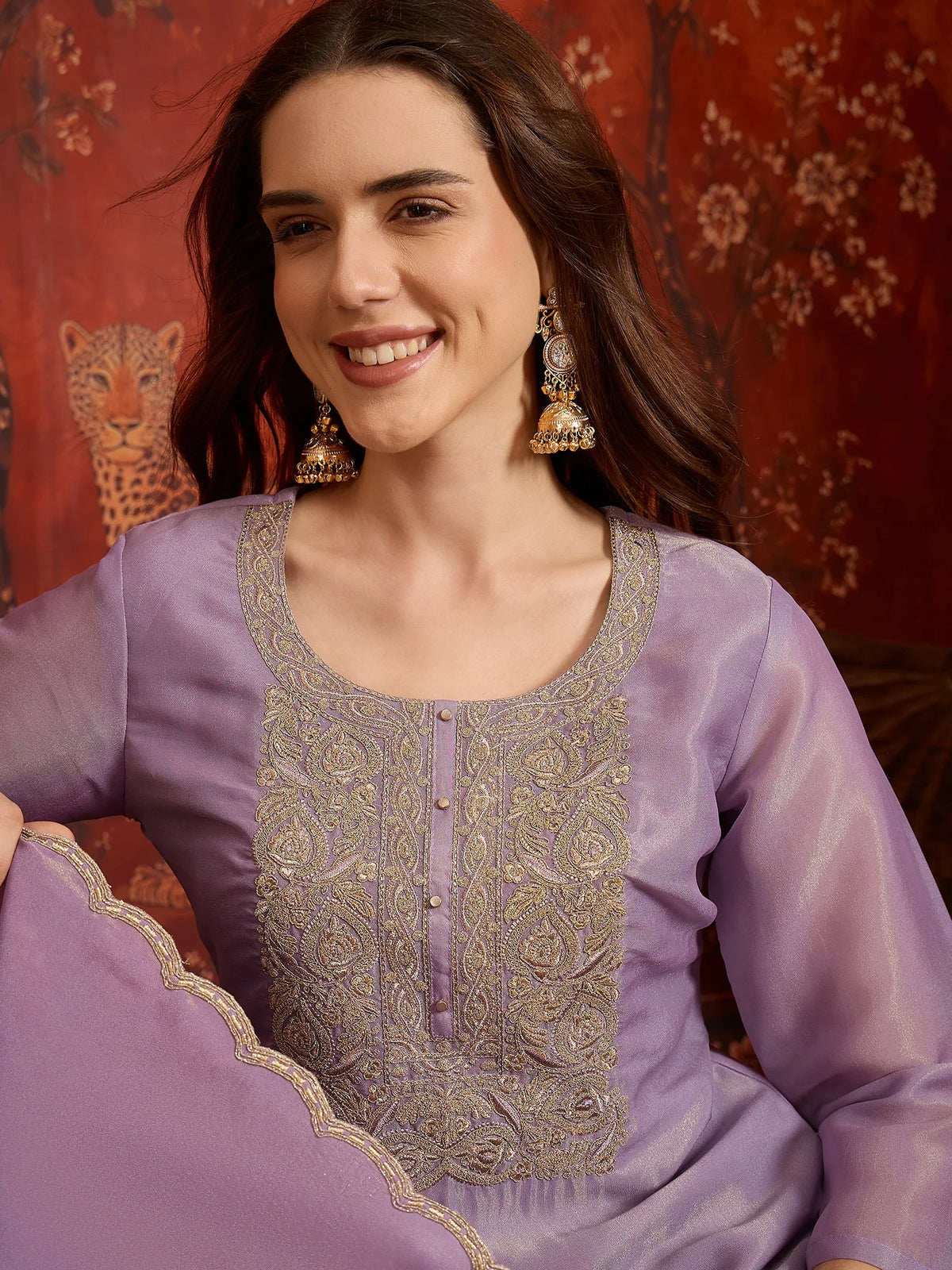 Pure Silk Purple Festive Wear Embroidery Work Kurti Set