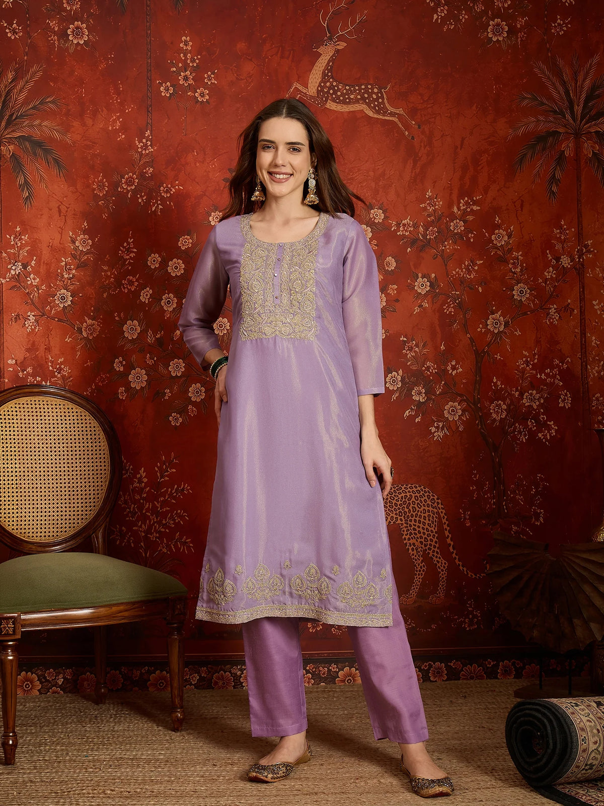 Pure Silk Purple Festive Wear Embroidery Work Kurti Set