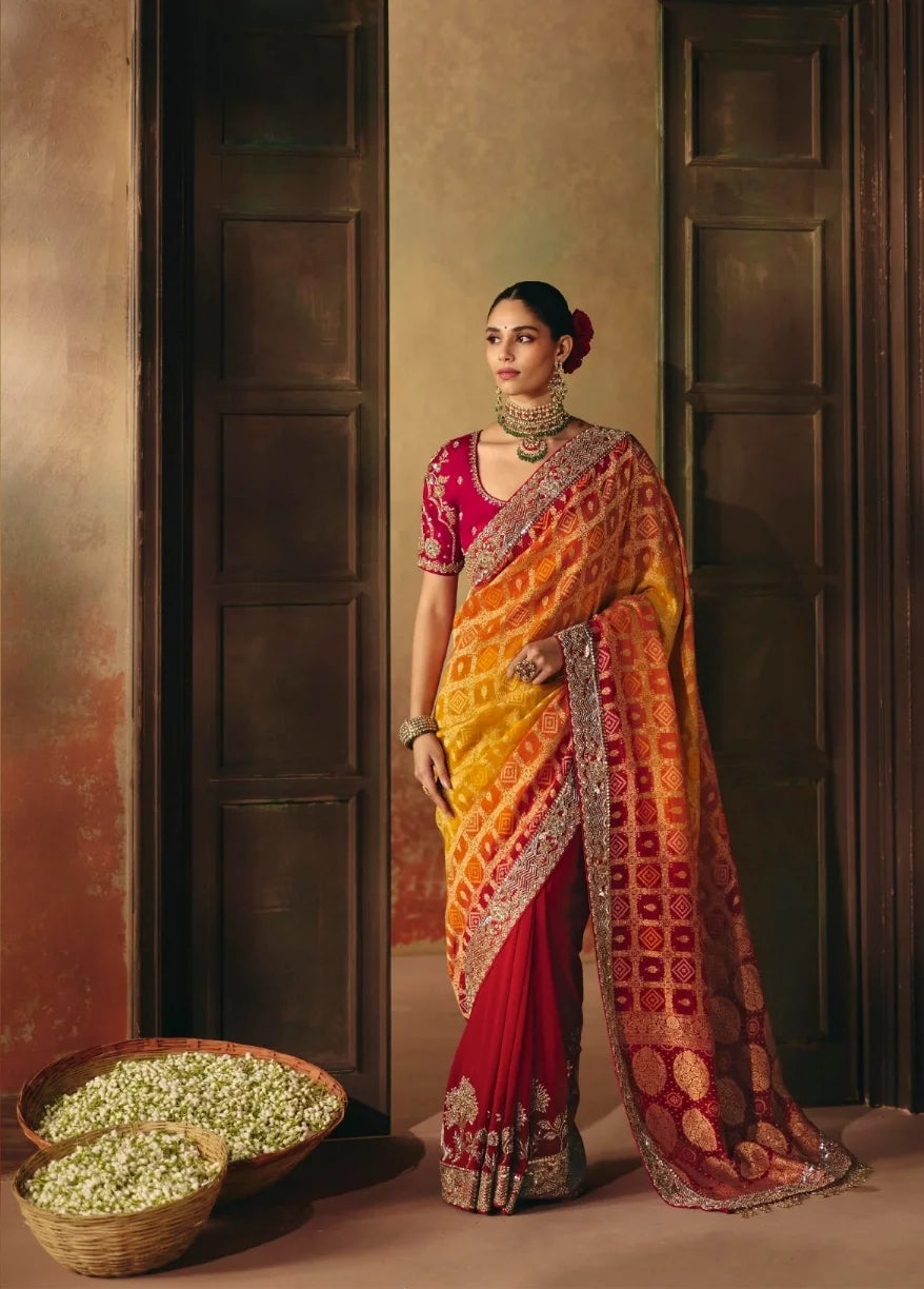 Pure Khaddi Georgette Mustard Bandhej Weaving Work Sarees