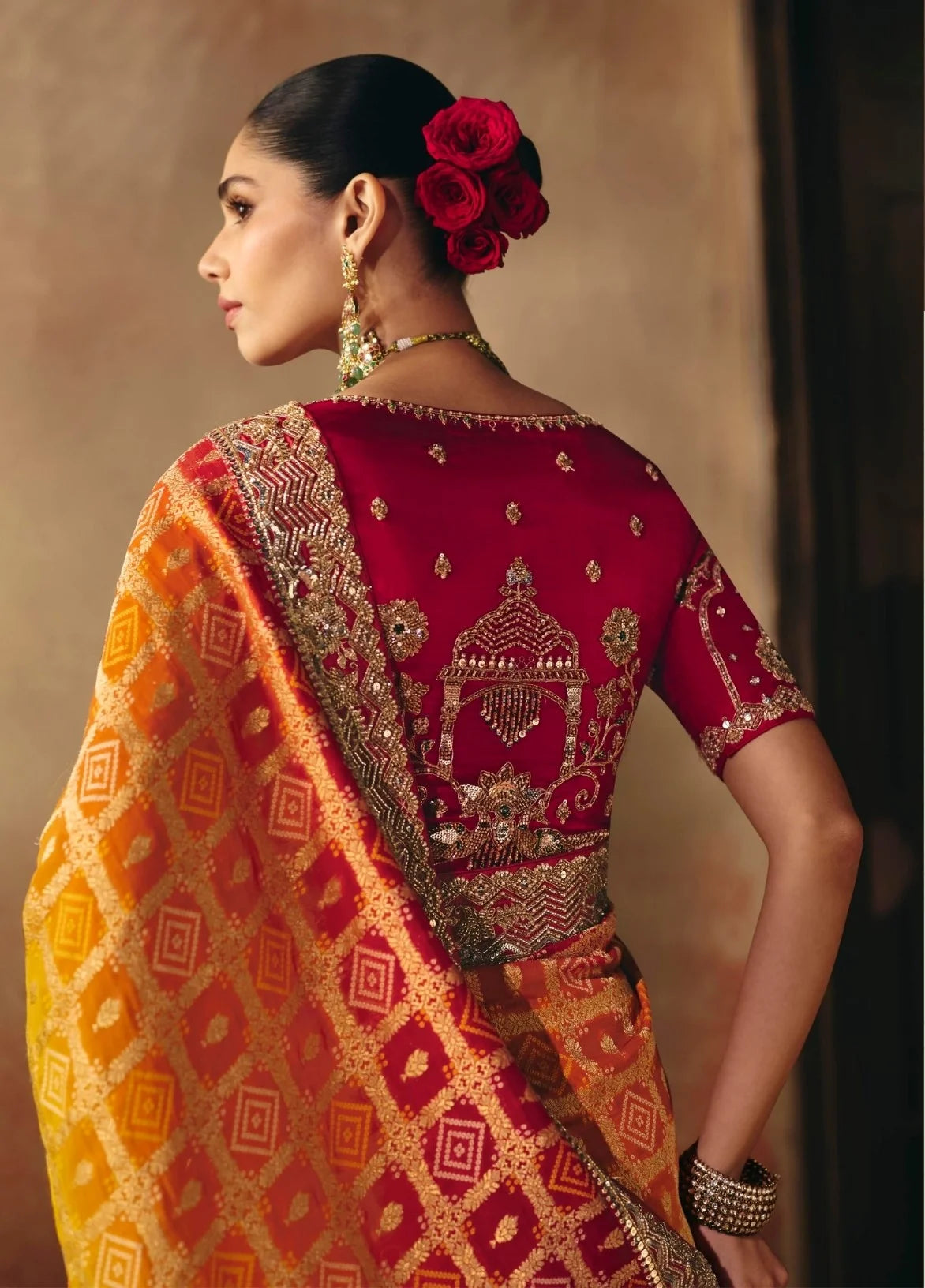 Pure Khaddi Georgette Mustard Bandhej Weaving Work Sarees