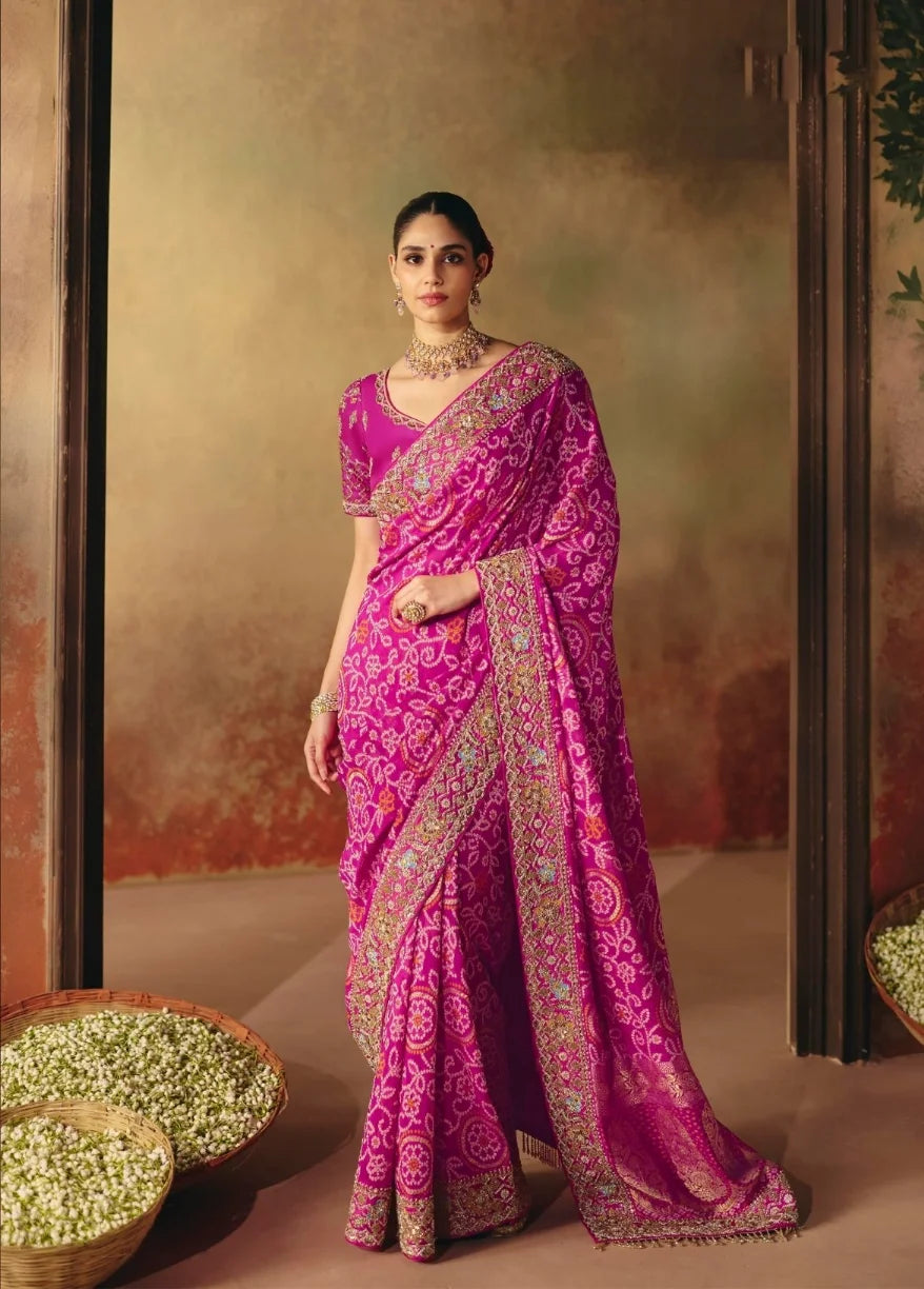 Pure Khaddi Georgette Pink Bandhej Heavy Work Sarees