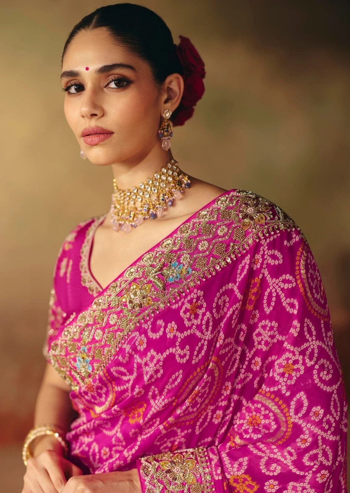 Pure Khaddi Georgette Pink Bandhej Heavy Work Sarees