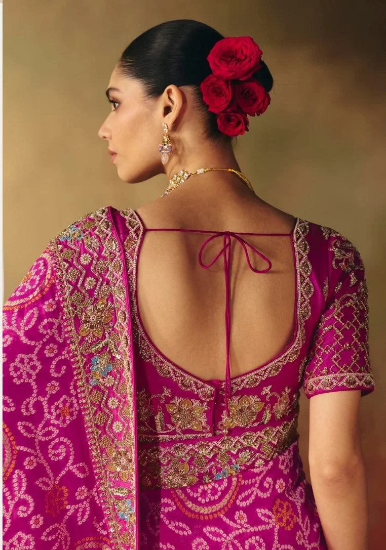 Pure Khaddi Georgette Pink Bandhej Heavy Work Sarees