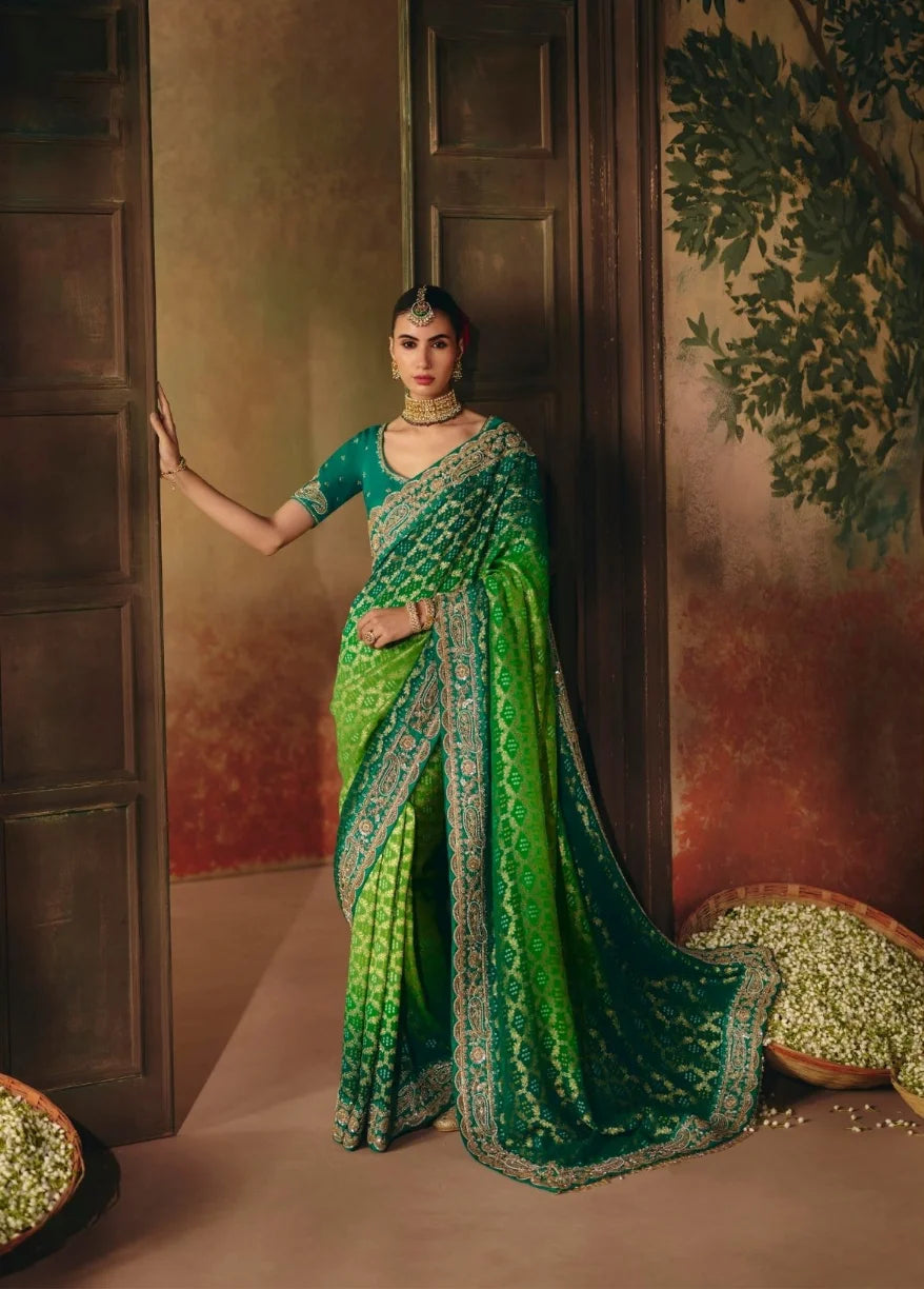 Pure Khaddi Georgette Green Bandhej Heavy Work Sarees