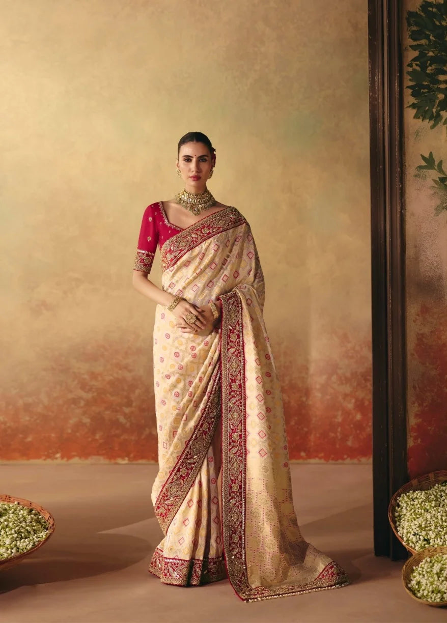 Pure Khaddi Georgette Beige Bandhej Heavy Work Sarees