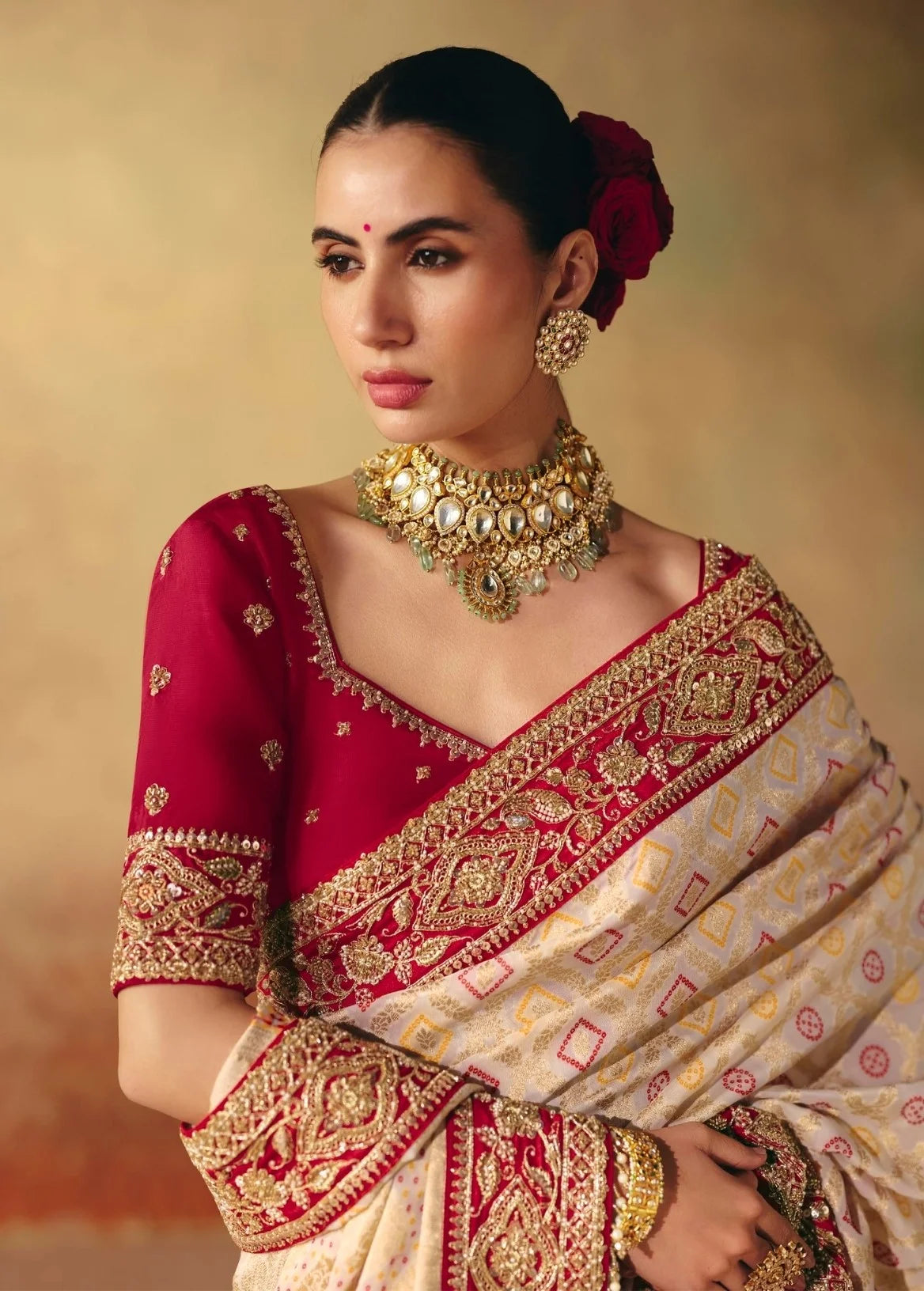 Pure Khaddi Georgette Beige Bandhej Heavy Work Sarees
