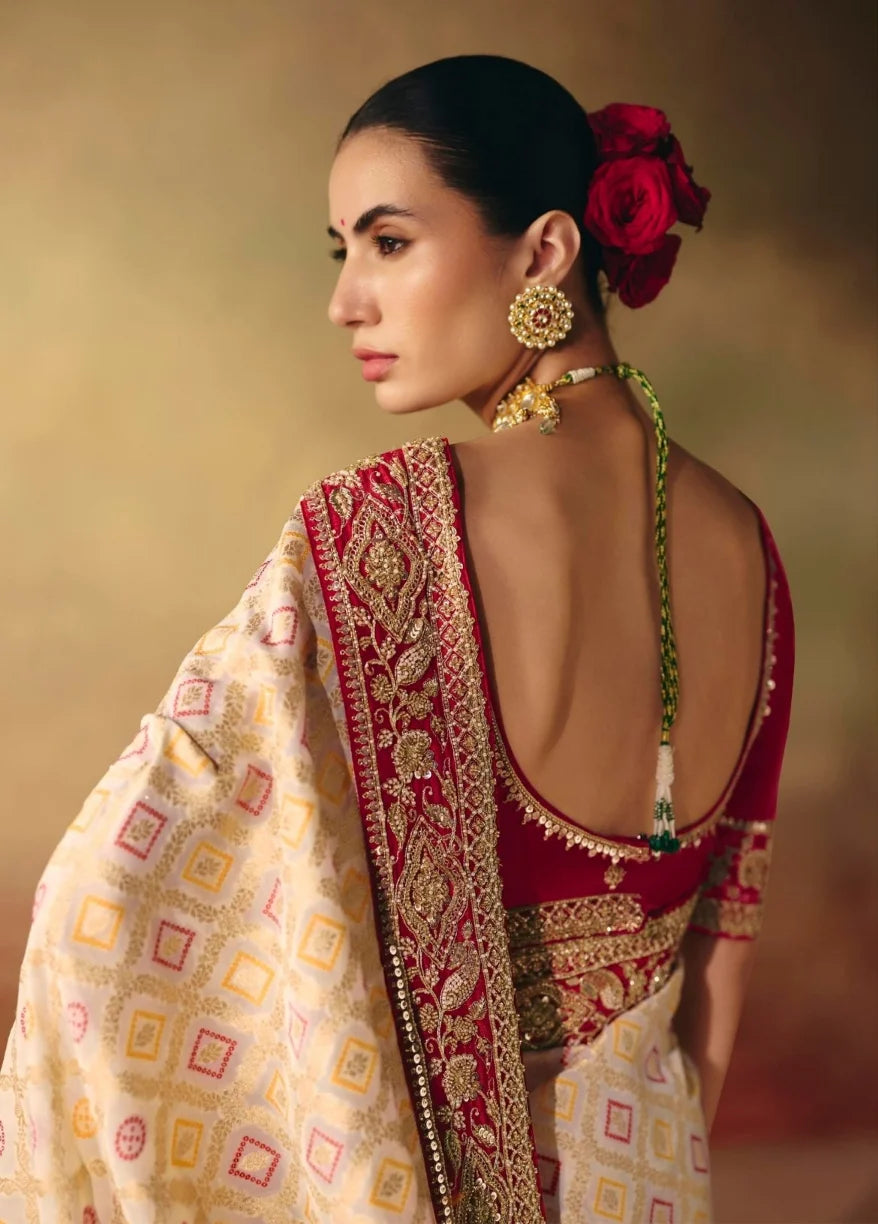 Pure Khaddi Georgette Beige Bandhej Heavy Work Sarees