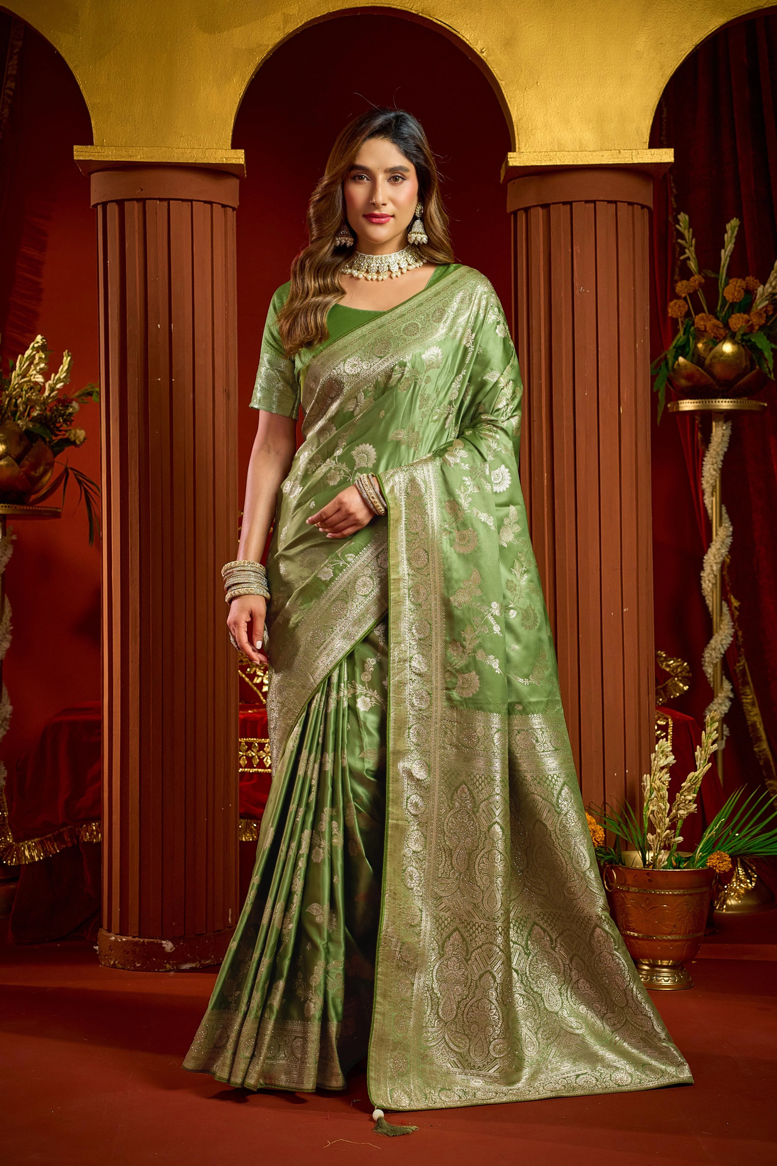 Satin Silk Festival Wear Green With Swarovski Work Sarees