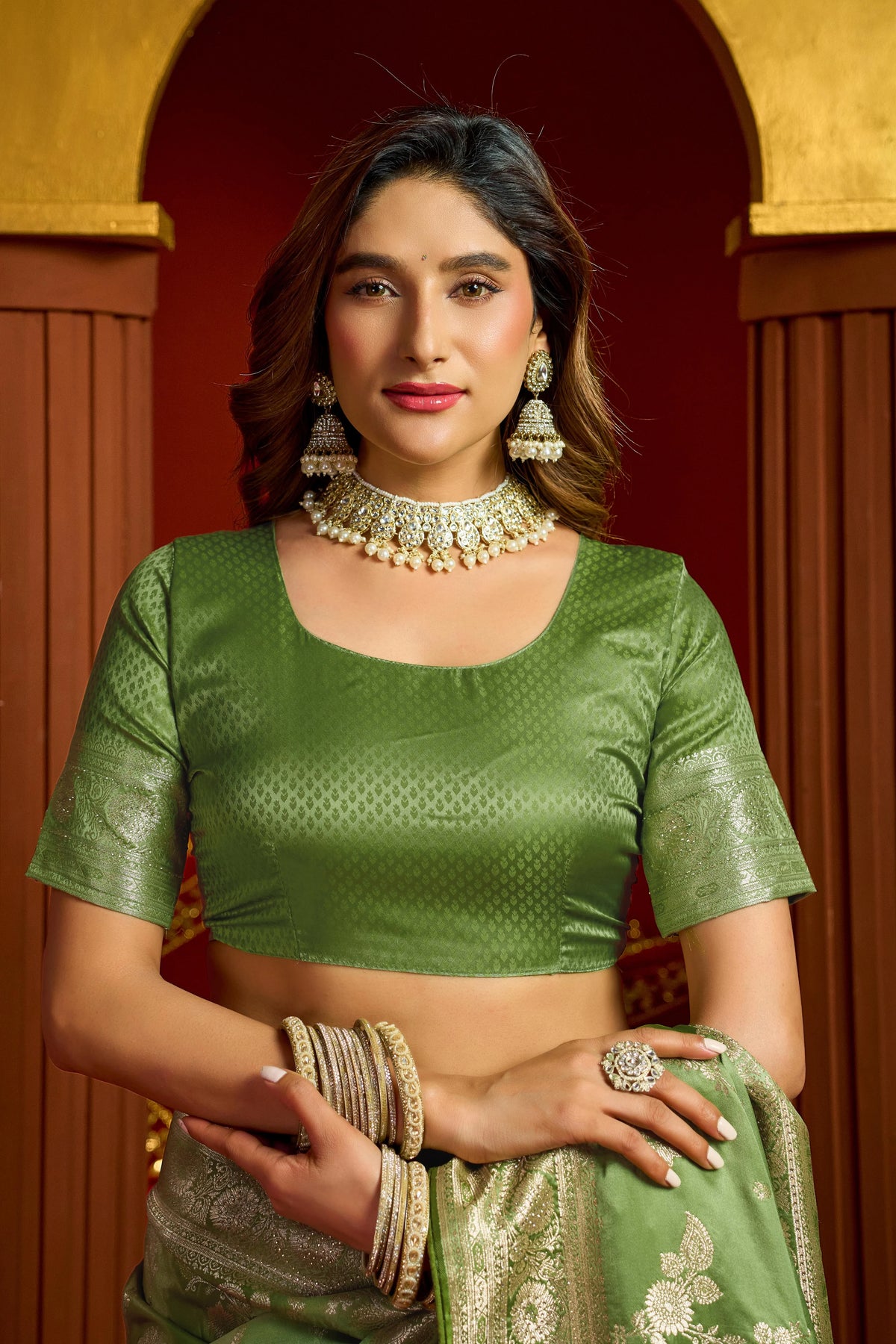 Satin Silk Festival Wear Green With Swarovski Work Sarees
