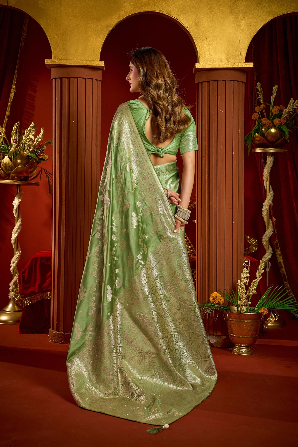 Satin Silk Festival Wear Green With Swarovski Work Sarees