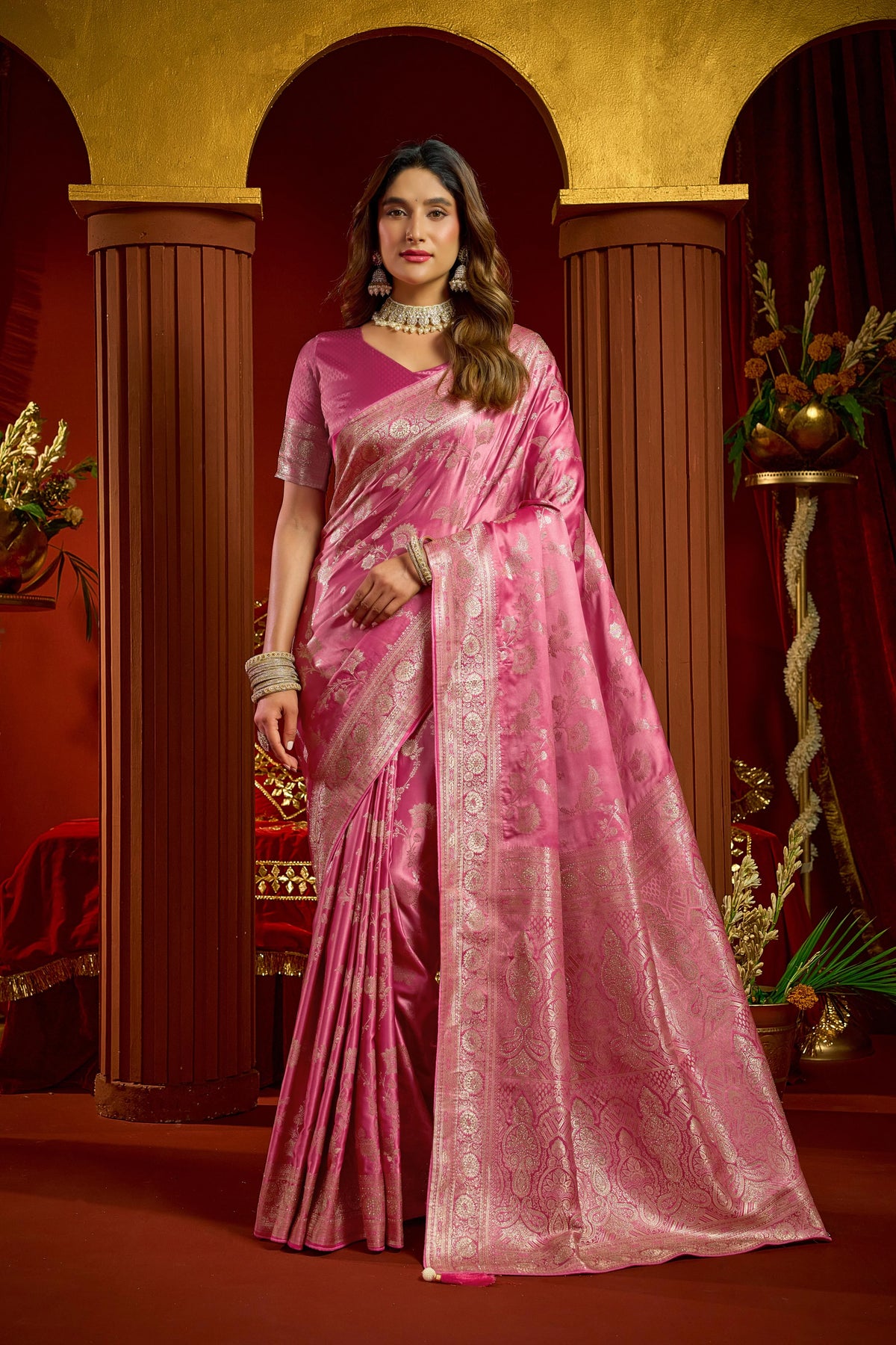 Satin Silk Festival Wear Pink With Swarovski Work Sarees
