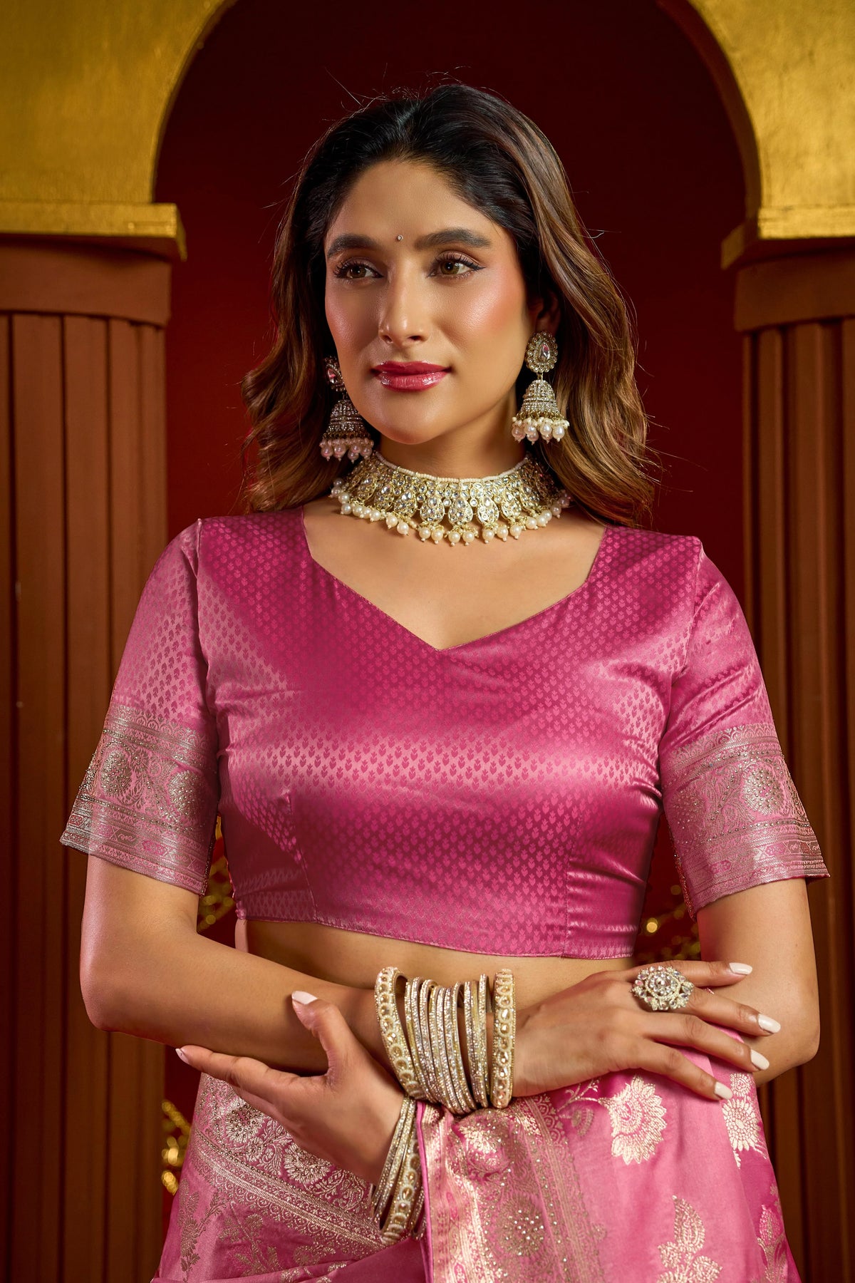 Satin Silk Festival Wear Pink With Swarovski Work Sarees