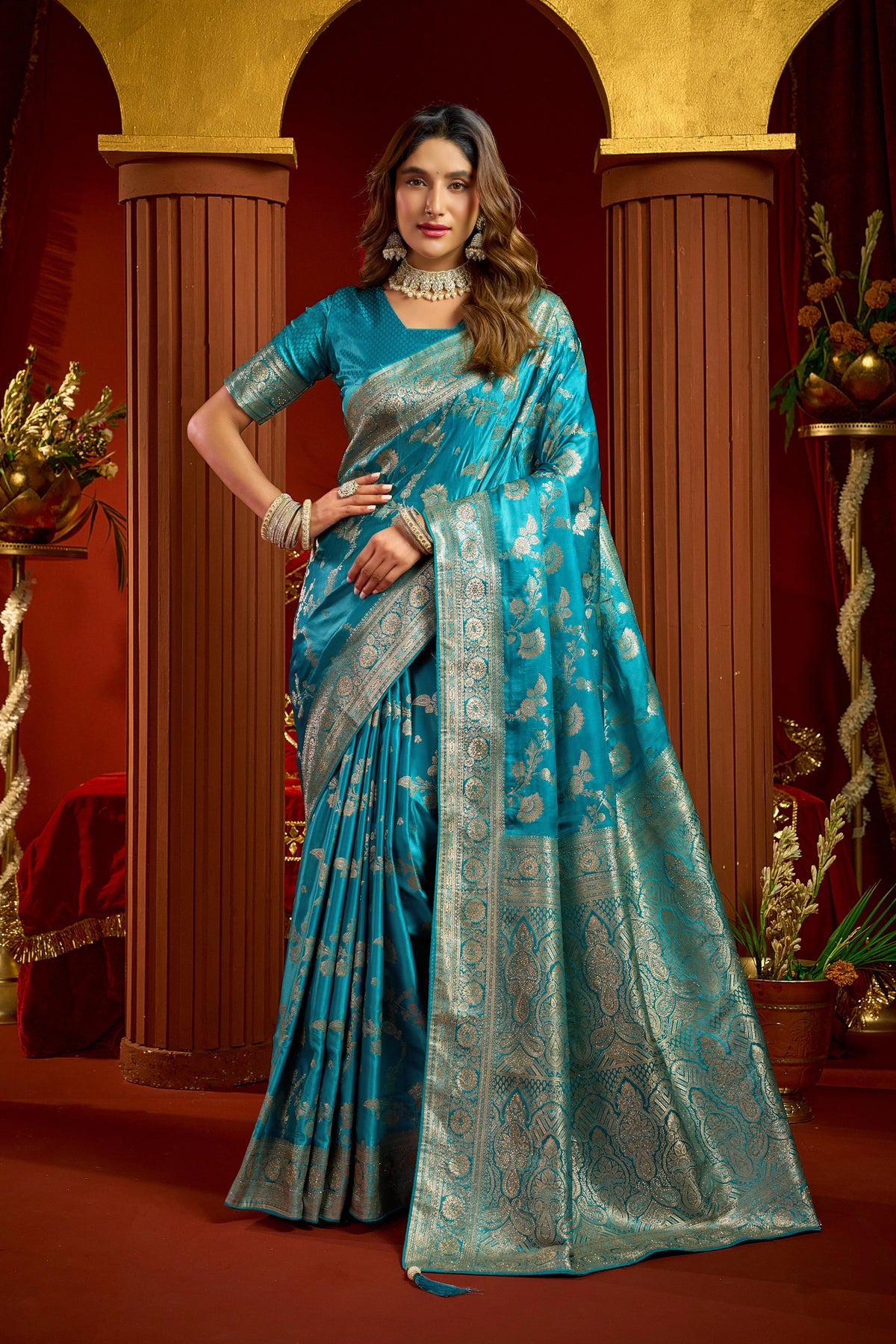 Satin Silk Festival Wear Blue With Swarovski Work Sarees