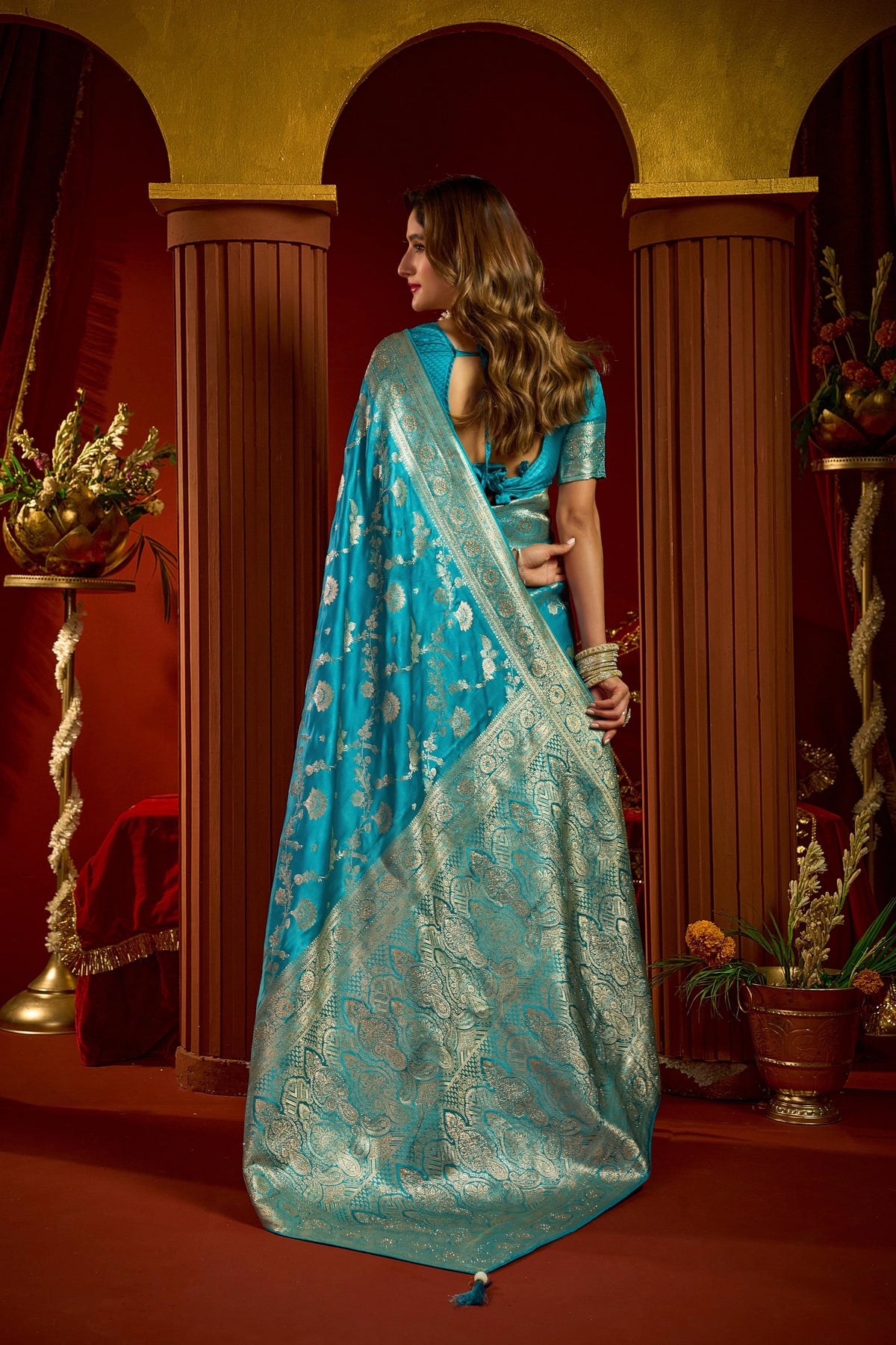 Satin Silk Festival Wear Blue With Swarovski Work Sarees