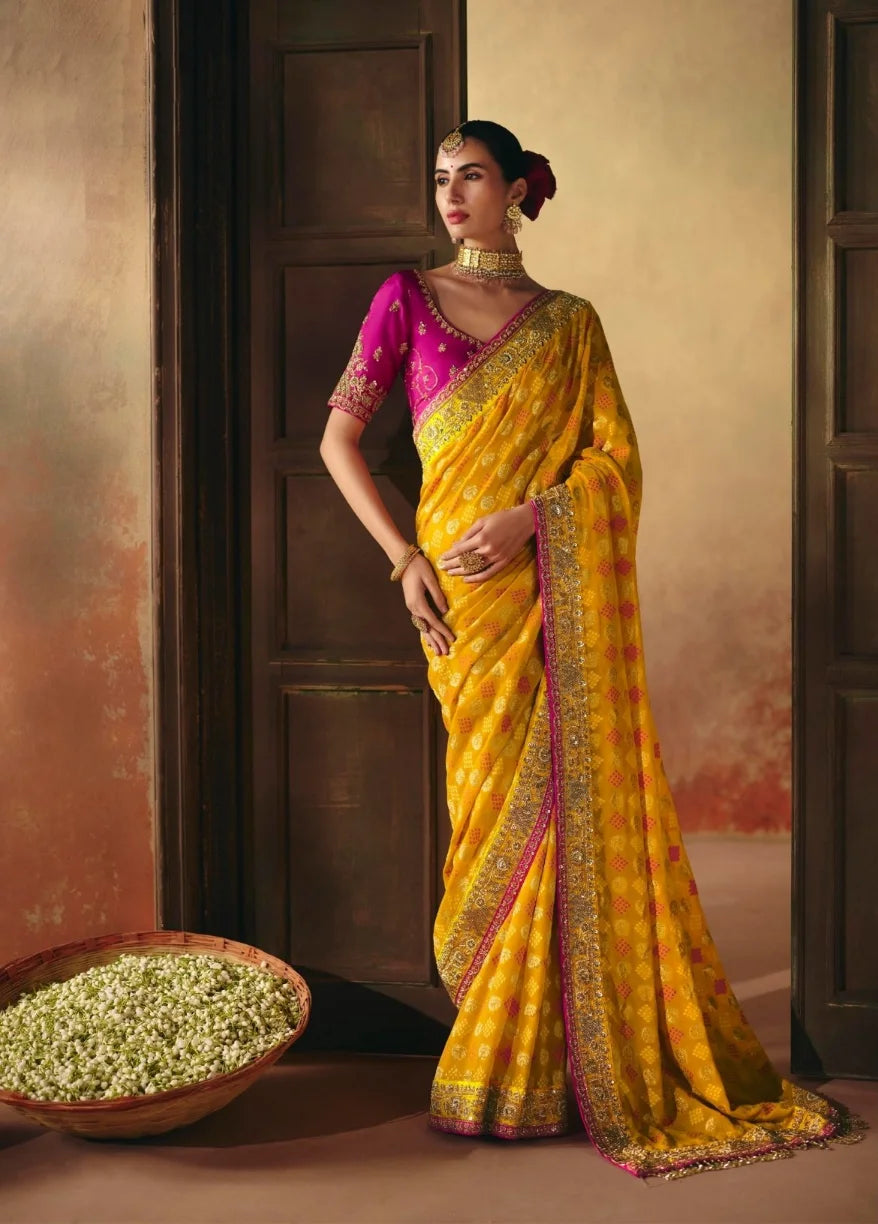 Pure Khaddi Georgette Yellow Bandhej Heavy Work Sarees