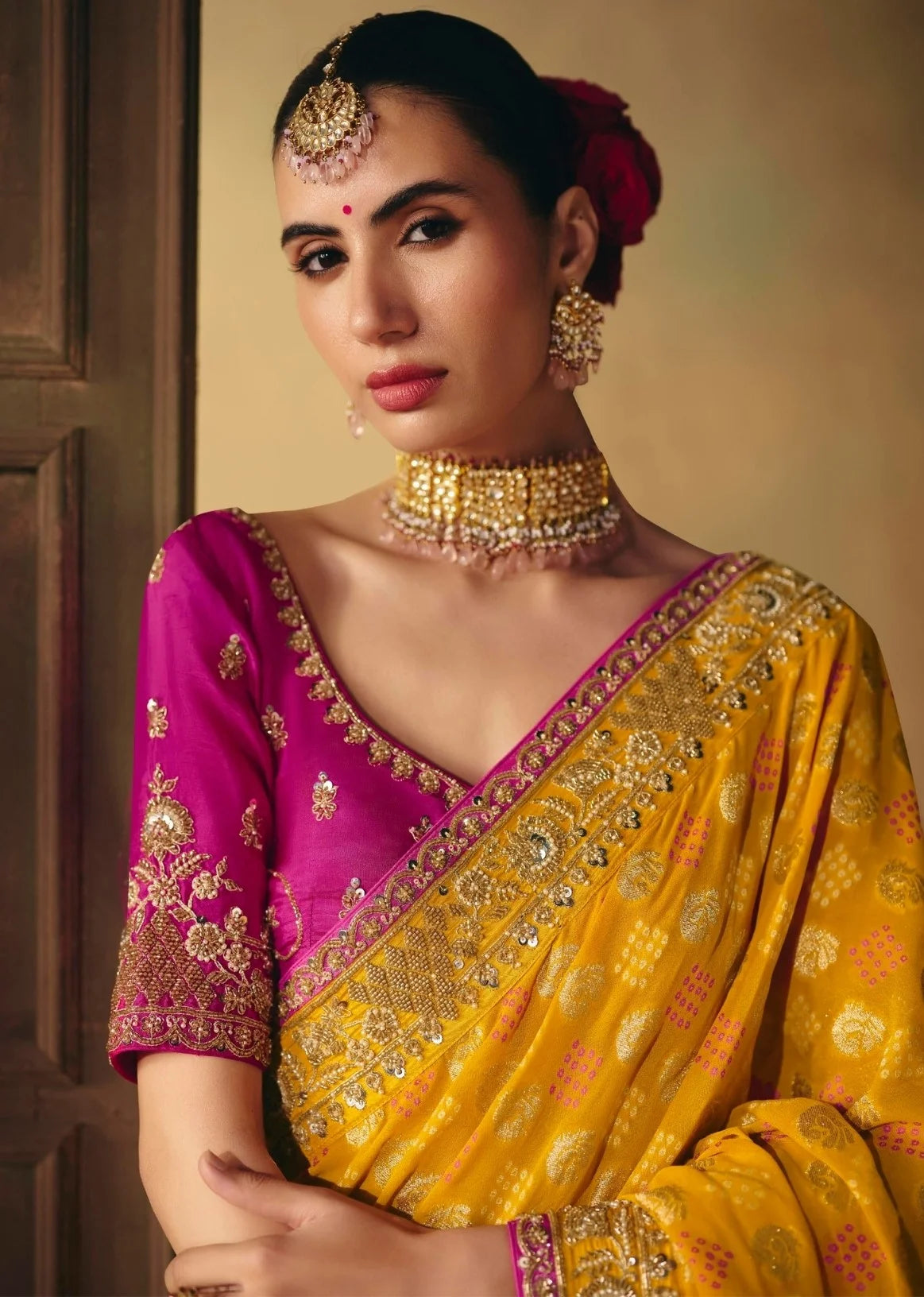 Pure Khaddi Georgette Yellow Bandhej Heavy Work Sarees