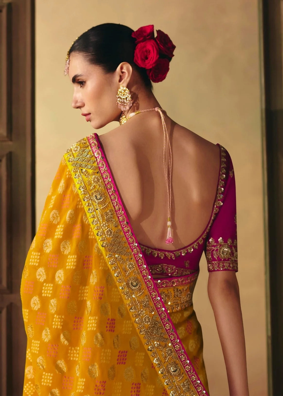 Pure Khaddi Georgette Yellow Bandhej Heavy Work Sarees