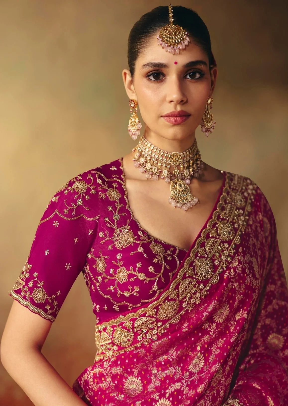 Pure Khaddi Georgette Rani Bandhej Embroidery Border Sarees
