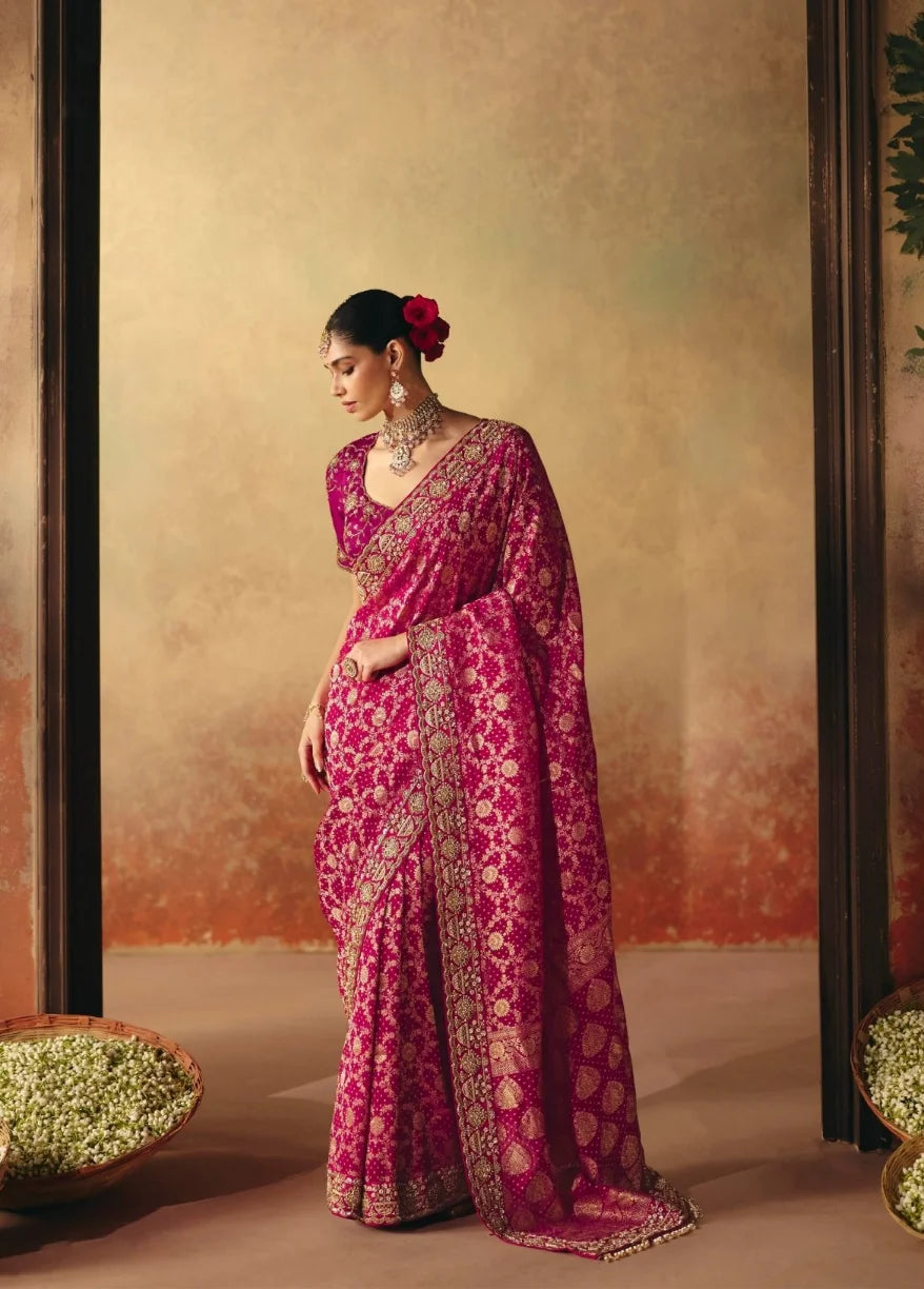 Pure Khaddi Georgette Rani Bandhej Embroidery Border Sarees