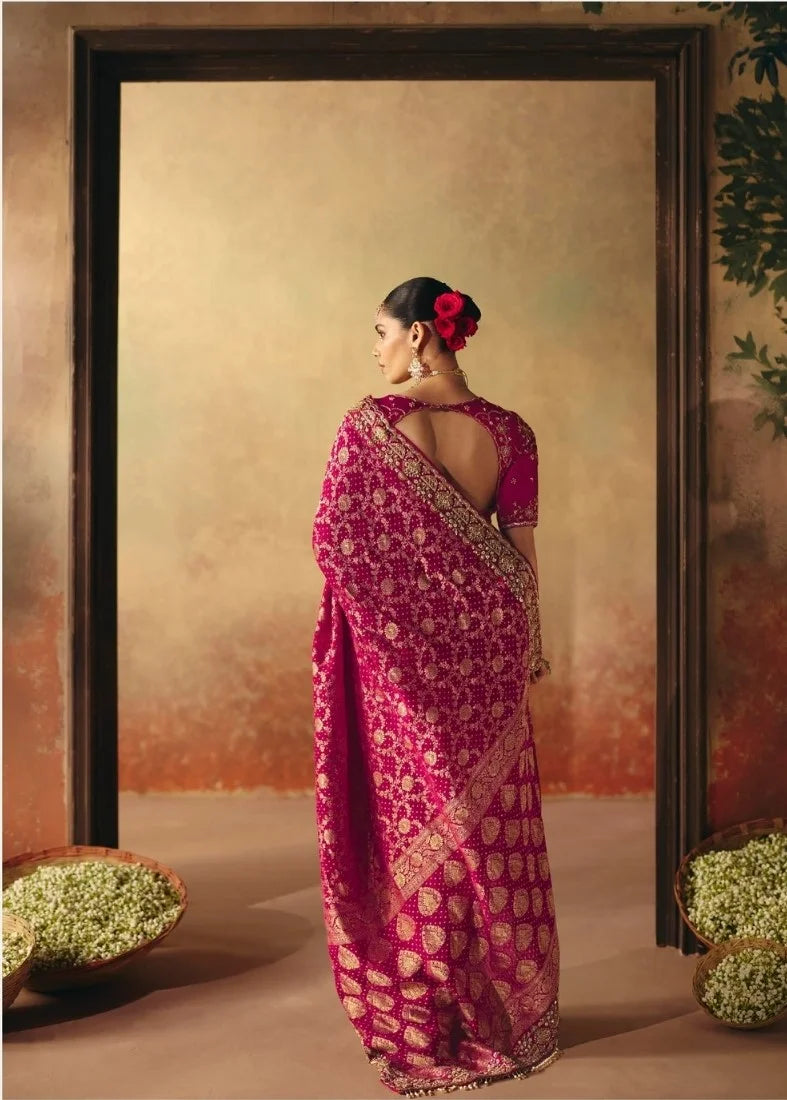 Pure Khaddi Georgette Rani Bandhej Embroidery Border Sarees