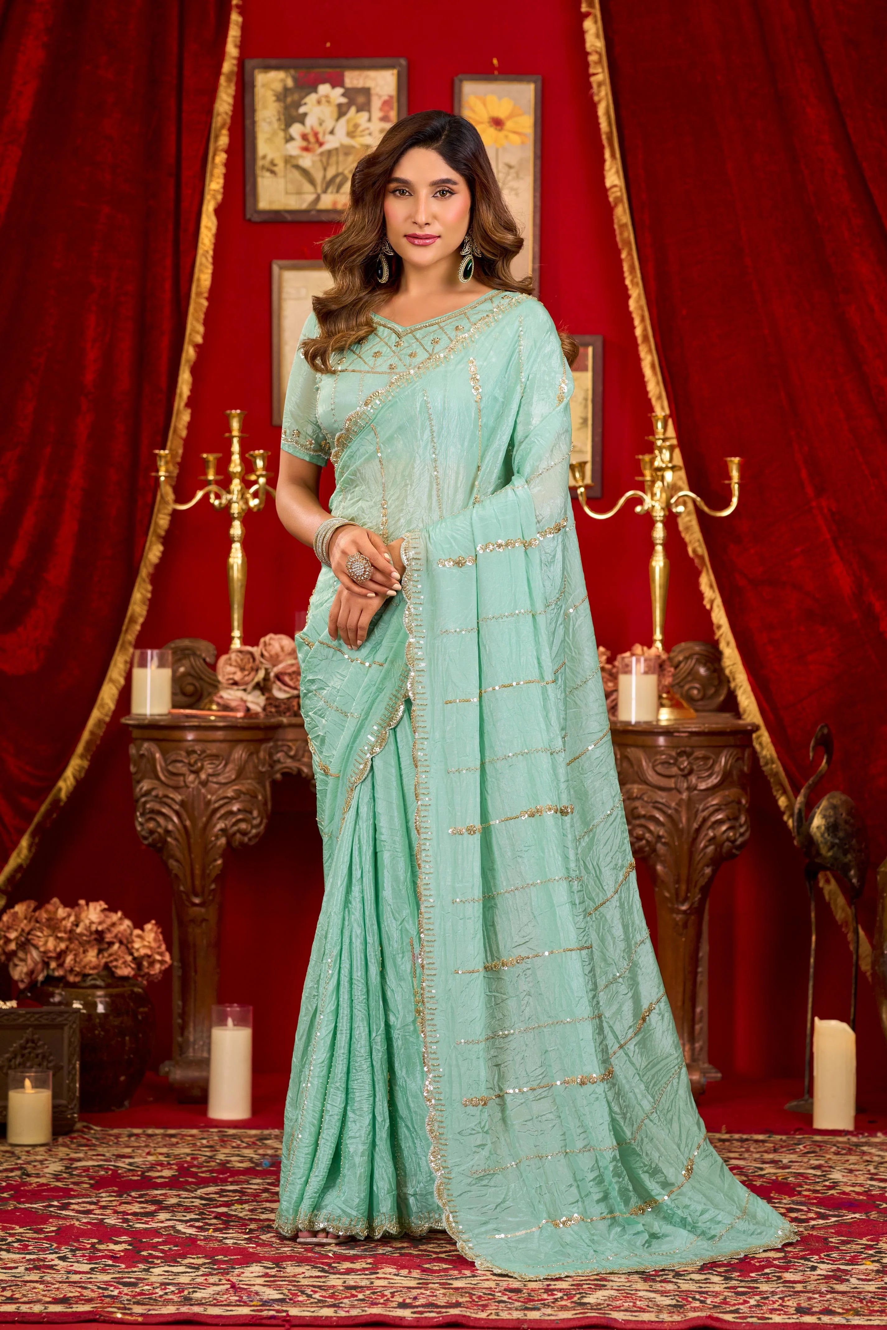 Silk Festival Wear Green With Bead Work