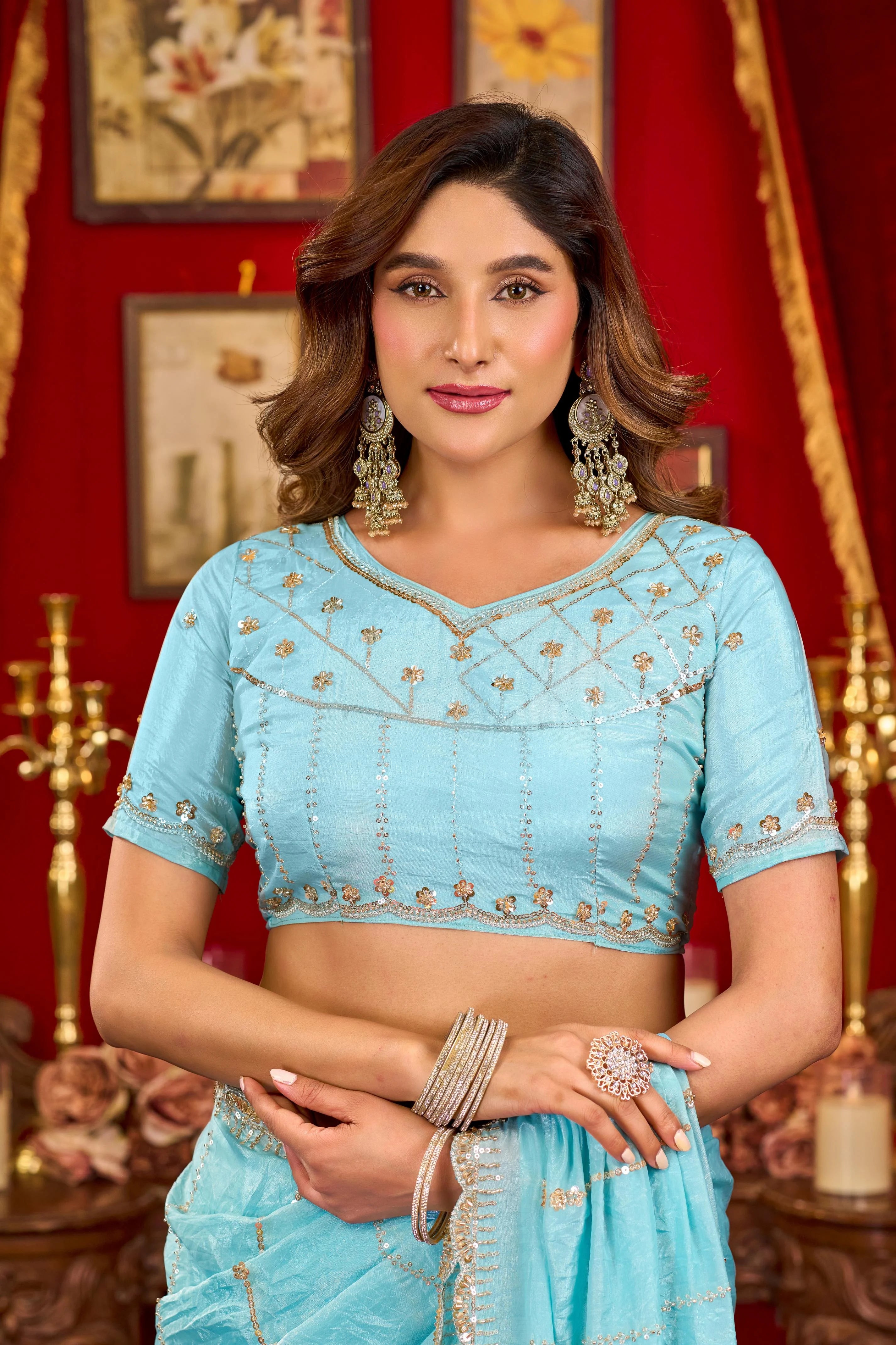 Silk Festival Wear Sky Blue With Bead Work