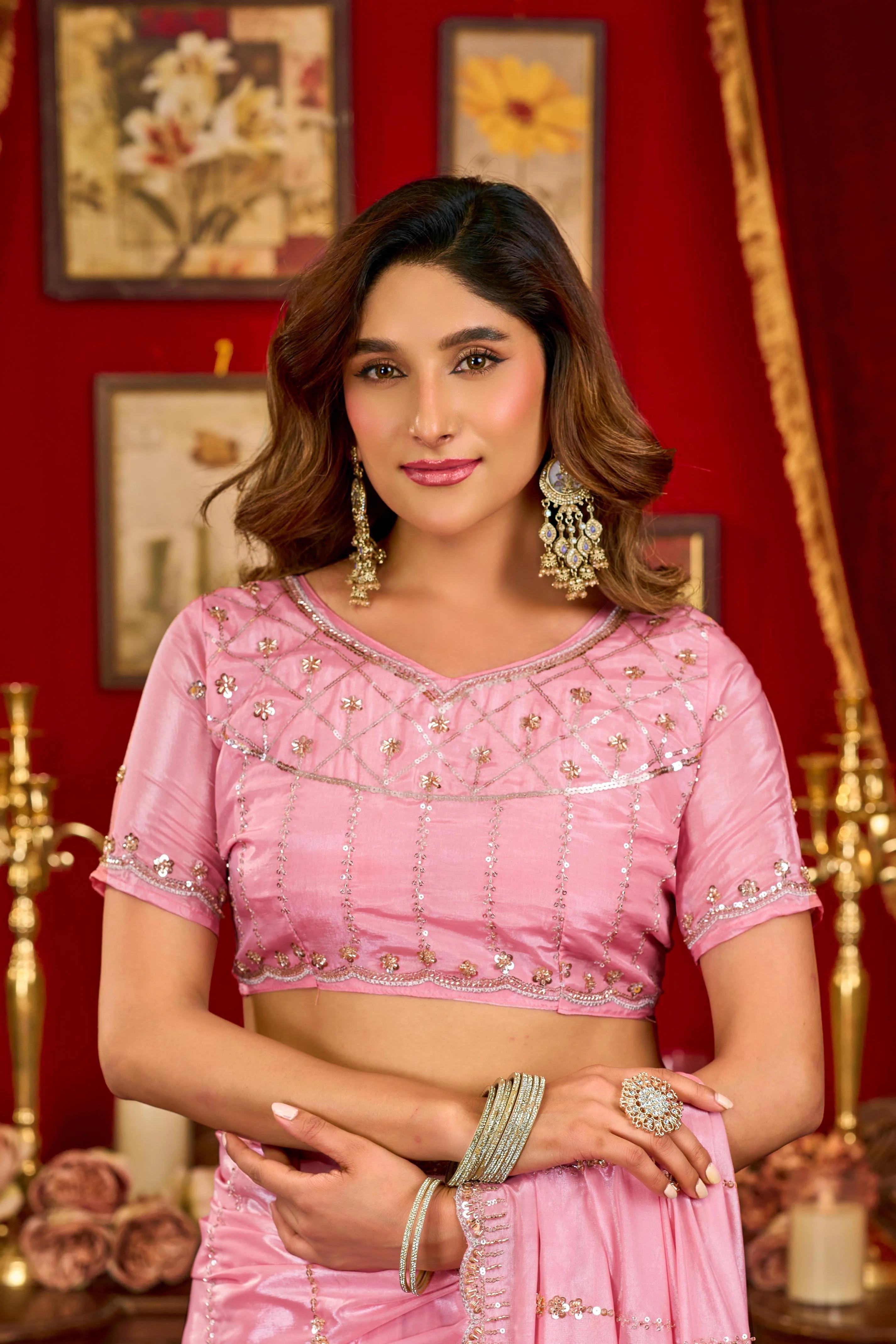 Silk Festival Wear Pink With Bead Work