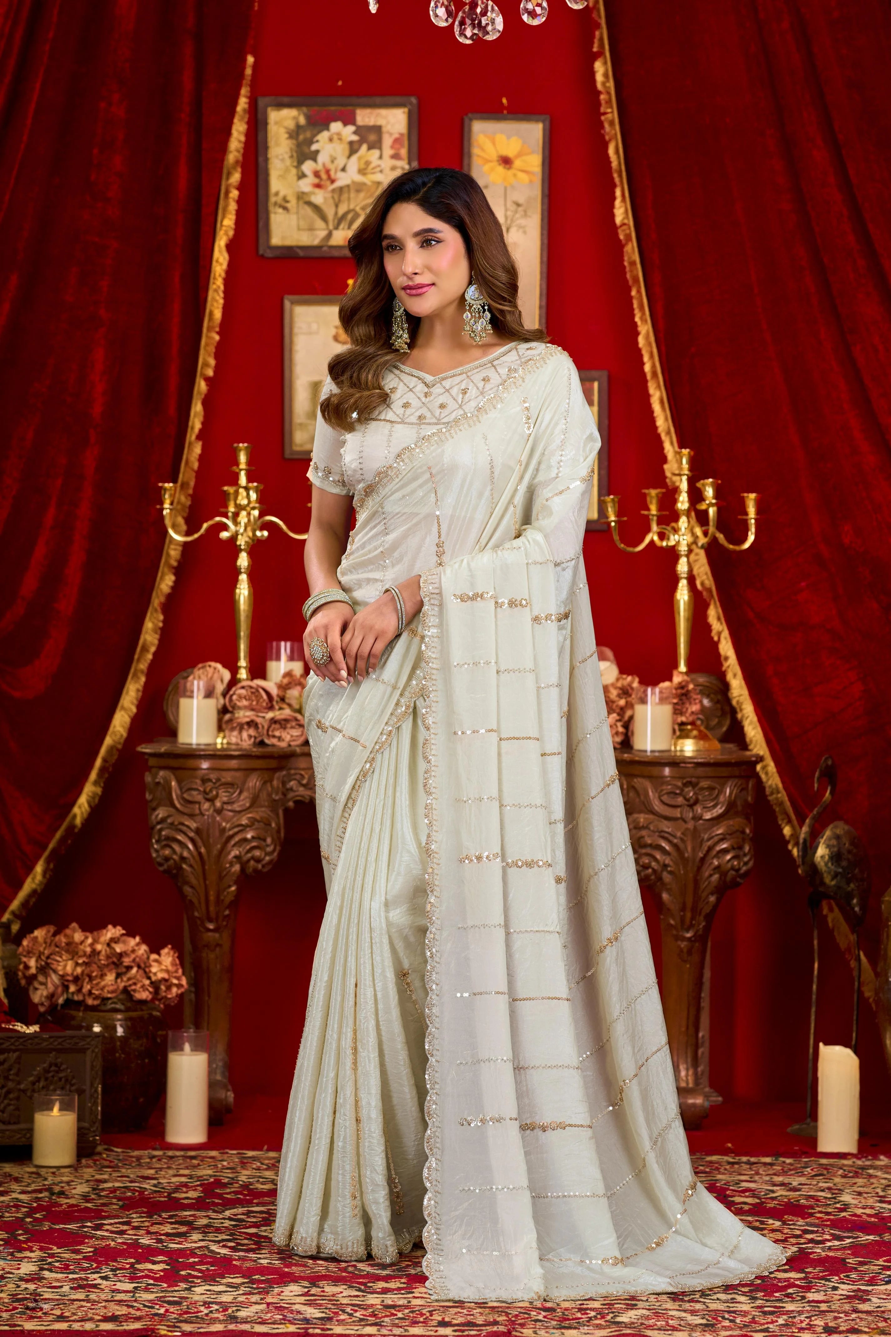 Silk Festival Wear Off White With Bead Work