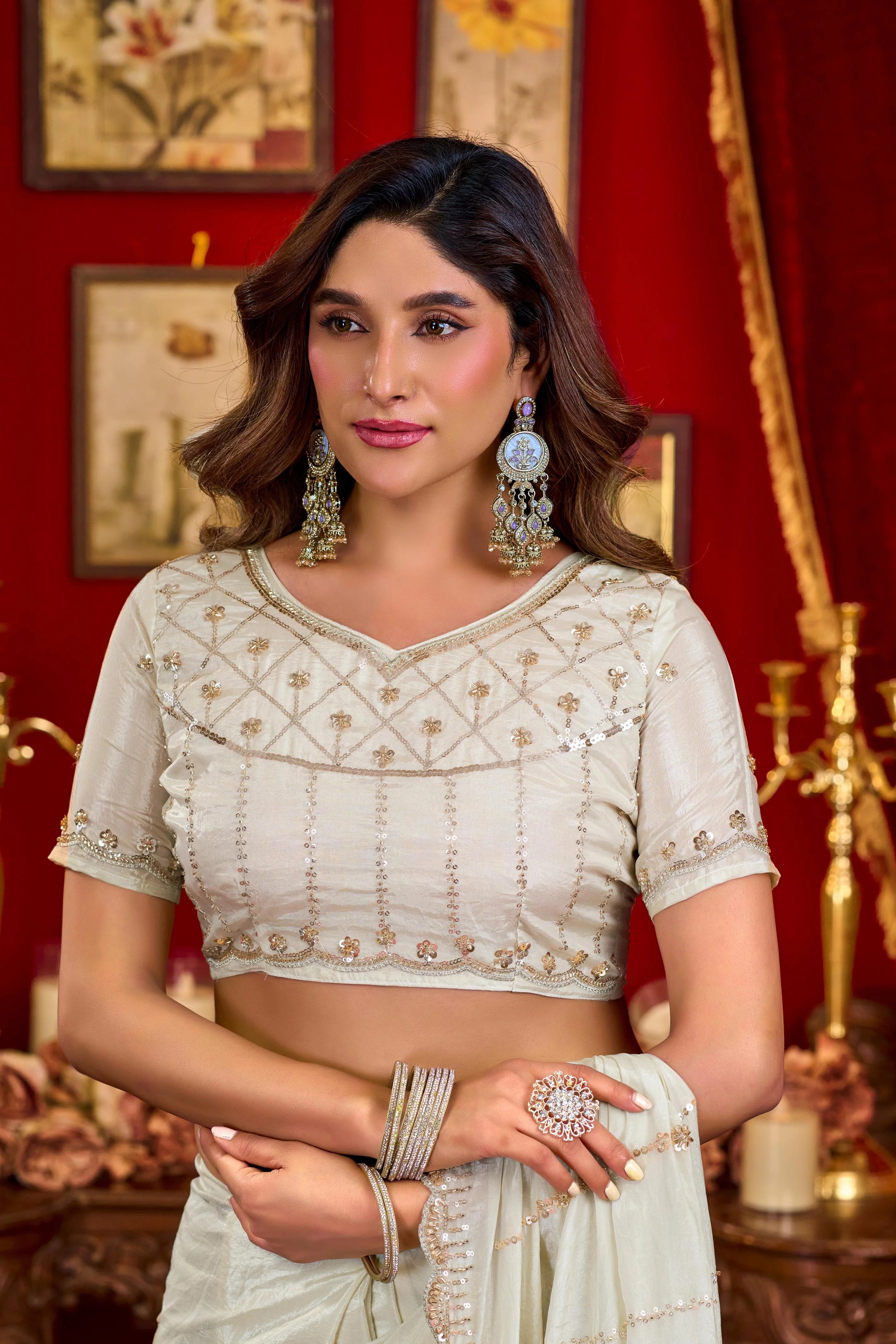 Silk Festival Wear Off White With Bead Work