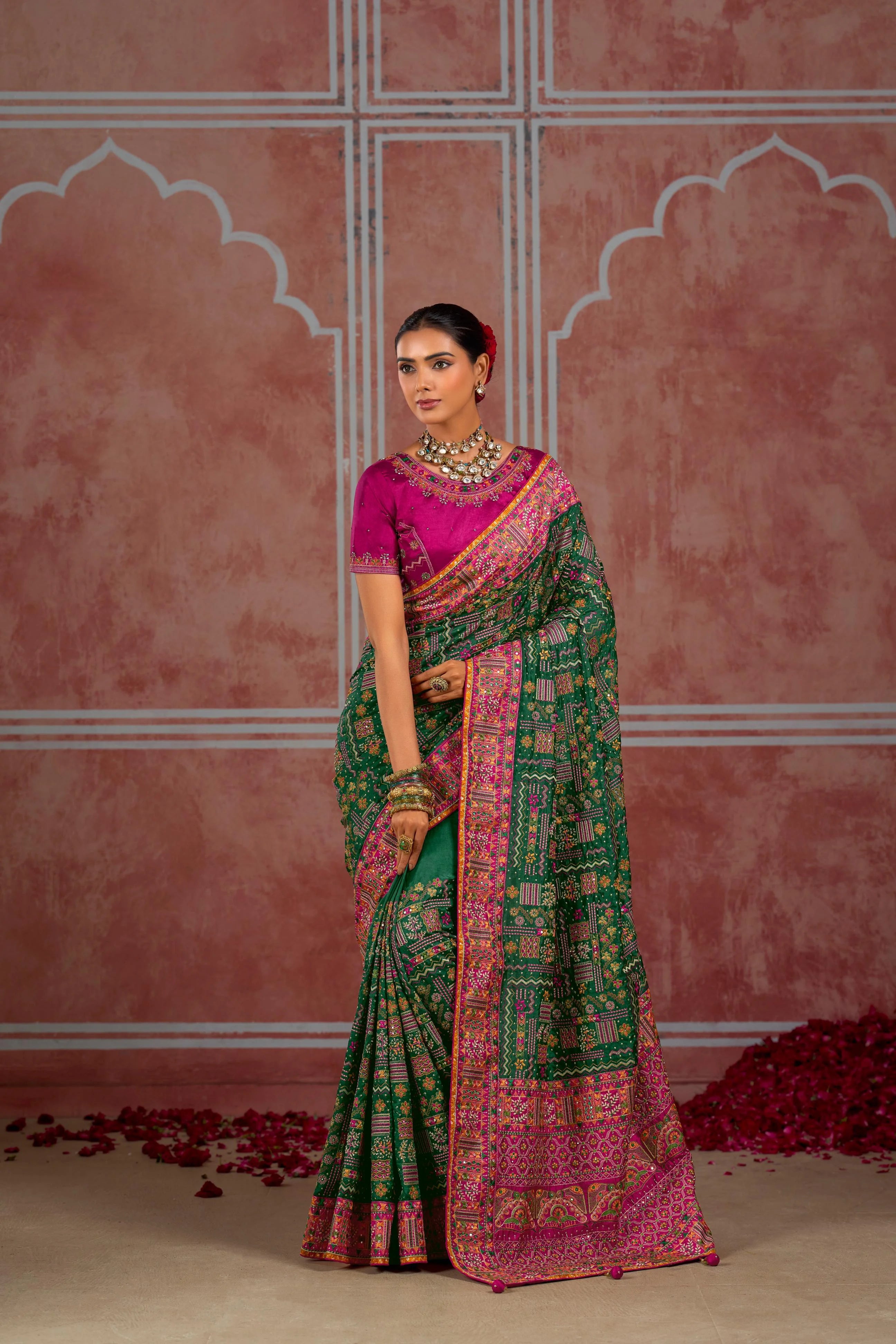 Pure Kachhi Wedding Wear Dark Green With Mirror Work