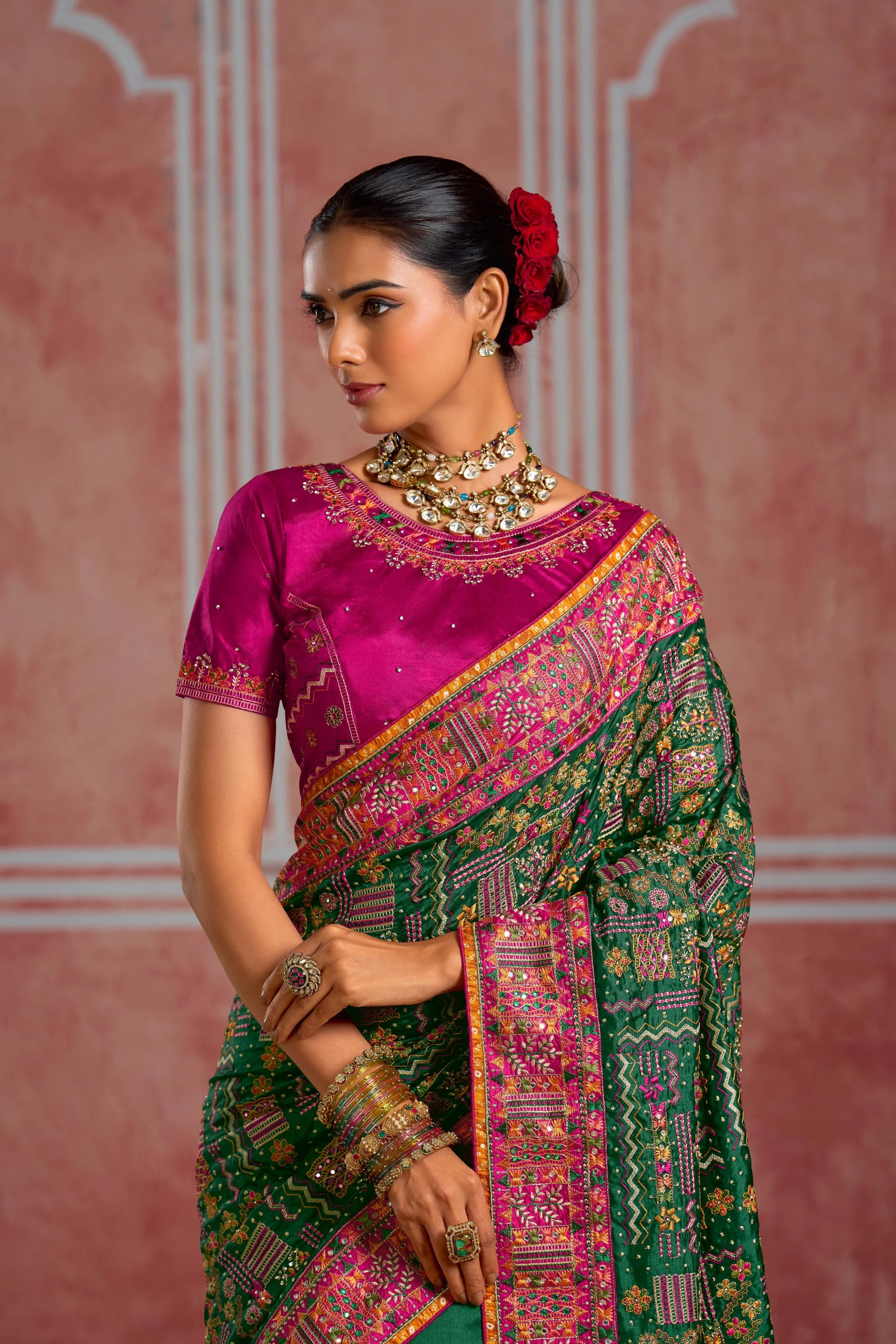 Pure Kachhi Wedding Wear Dark Green With Mirror Work