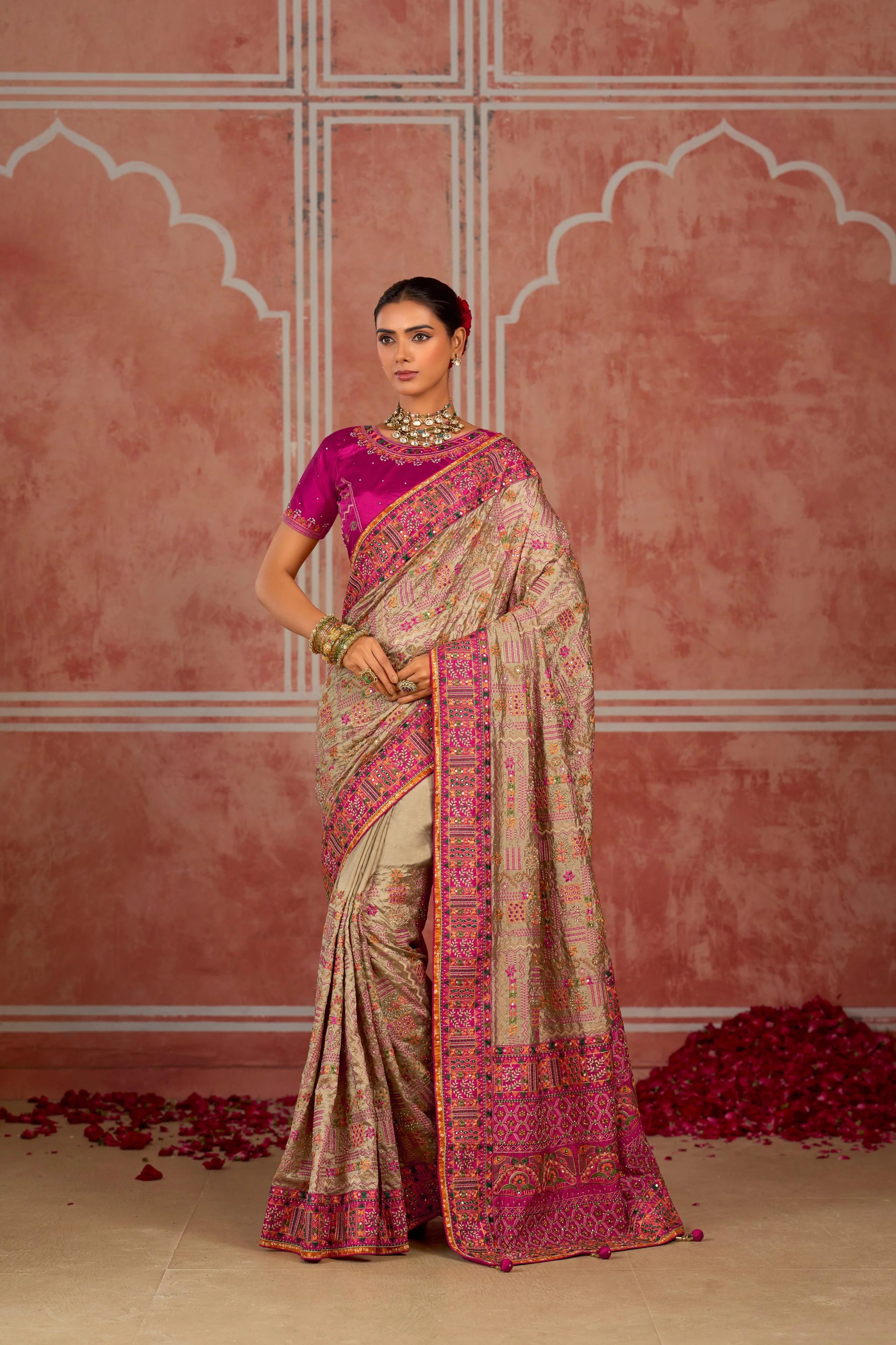 Pure Kachhi Wedding Wear Beige With Mirror Work