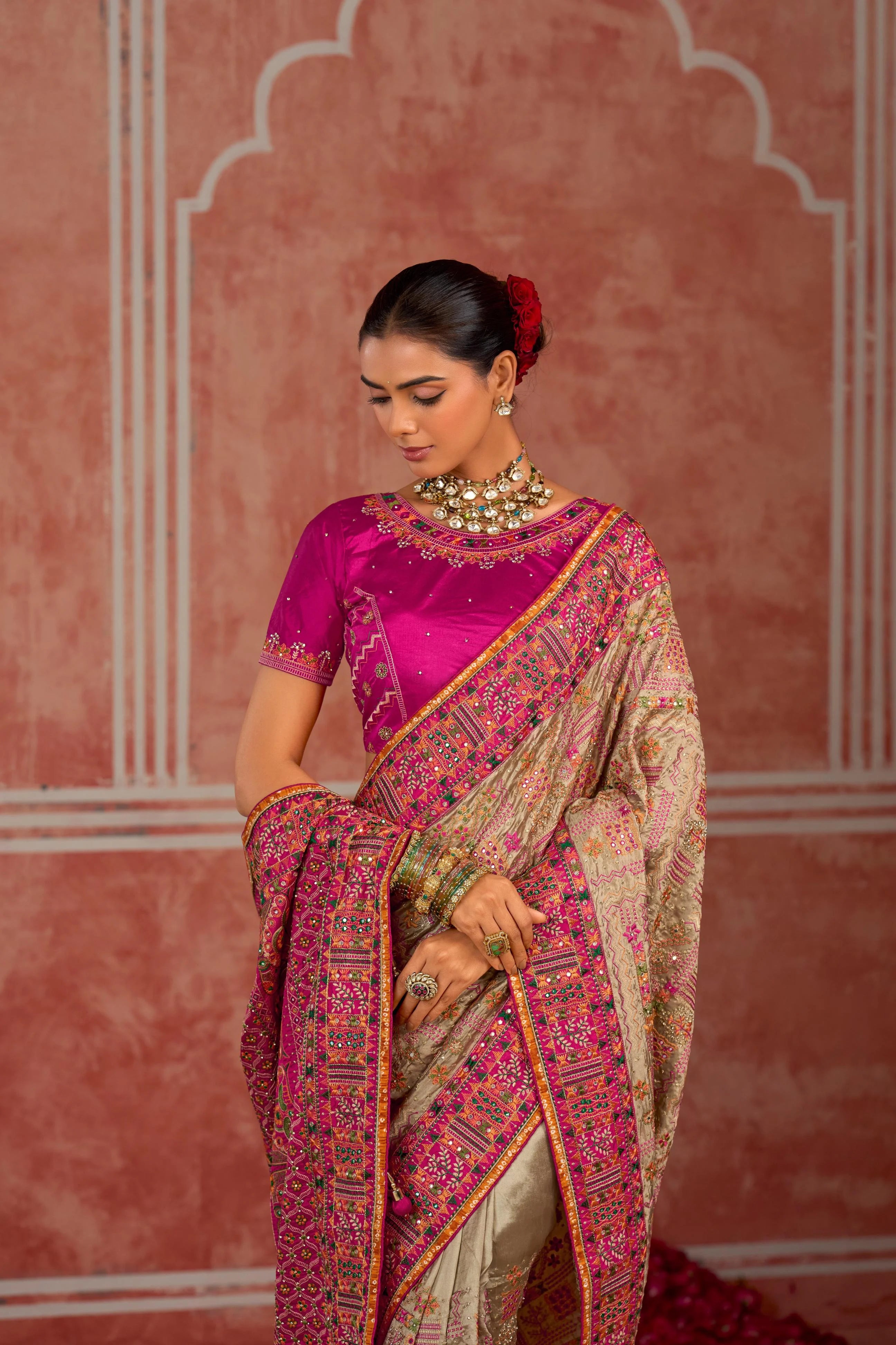 Pure Kachhi Wedding Wear Beige With Mirror Work
