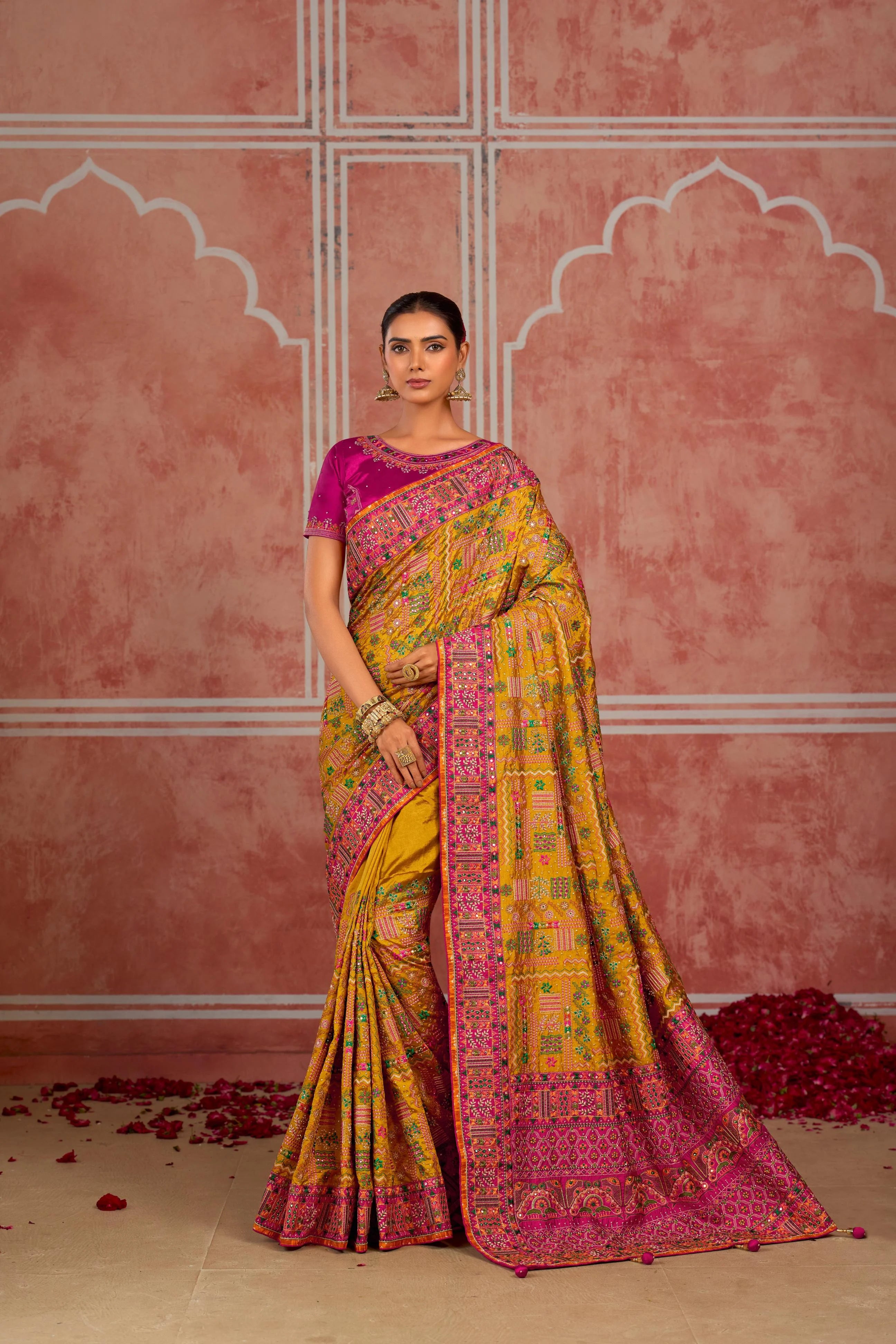 Pure Kachhi Wedding Wear Mustard With Mirror Work