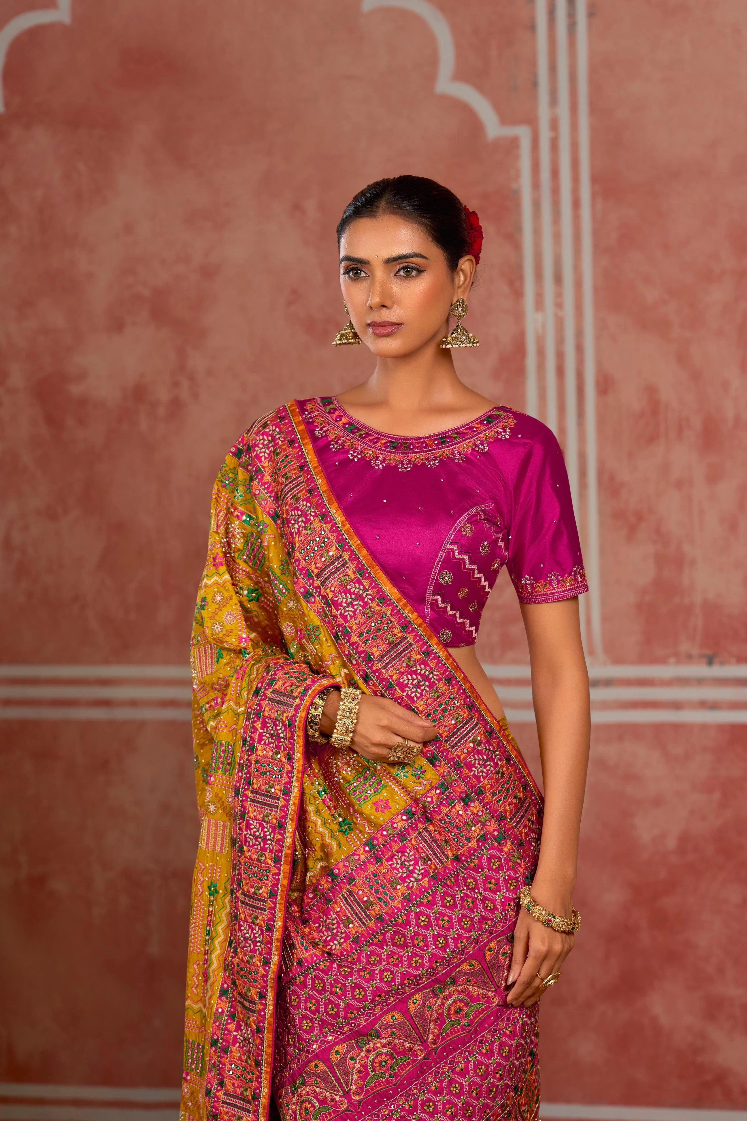 Pure Kachhi Wedding Wear Mustard With Mirror Work